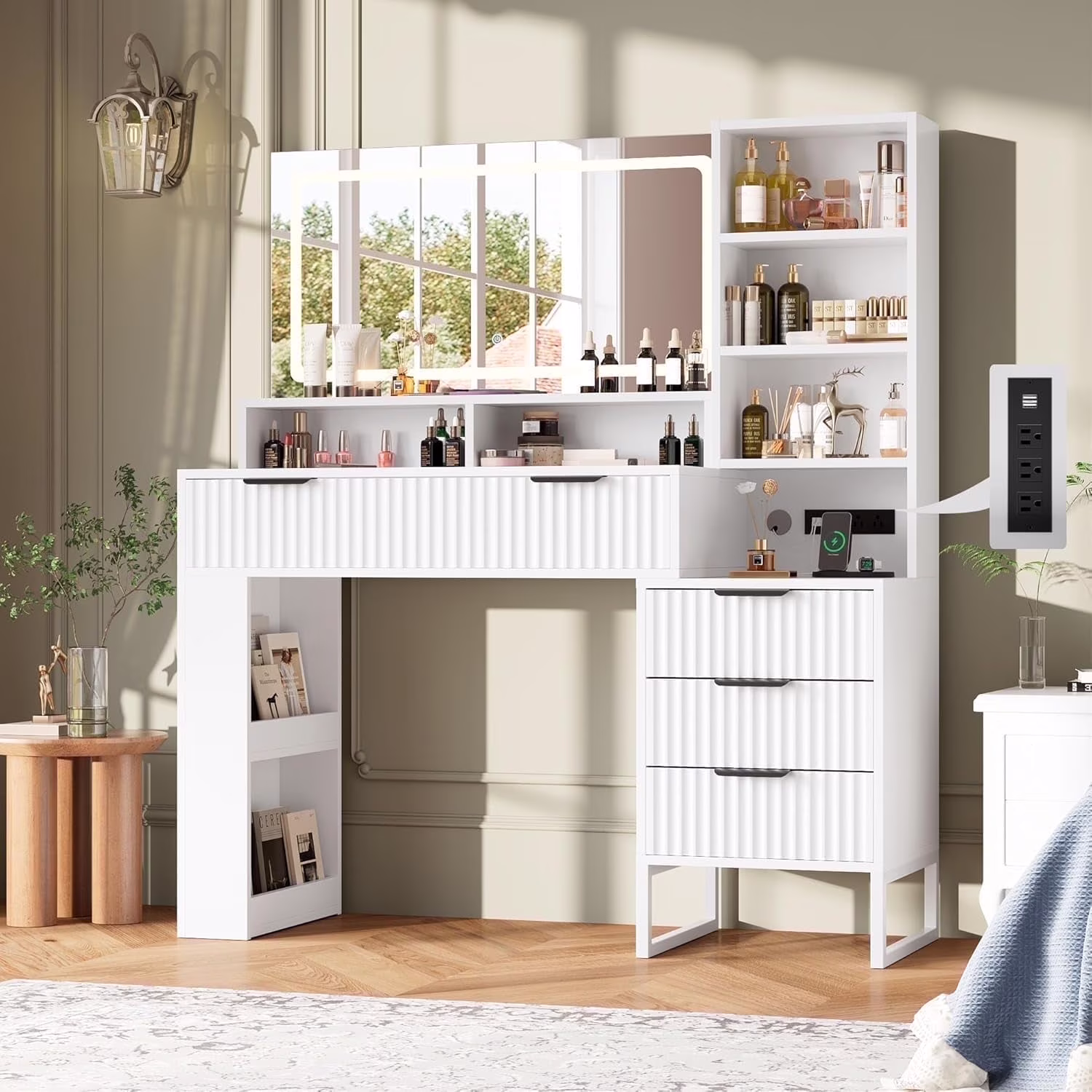 Vanity Table Set with Mirrors and Adjustable Lights ,Makeup vanity With Power Outlet for Bedroom Dressing Room,White