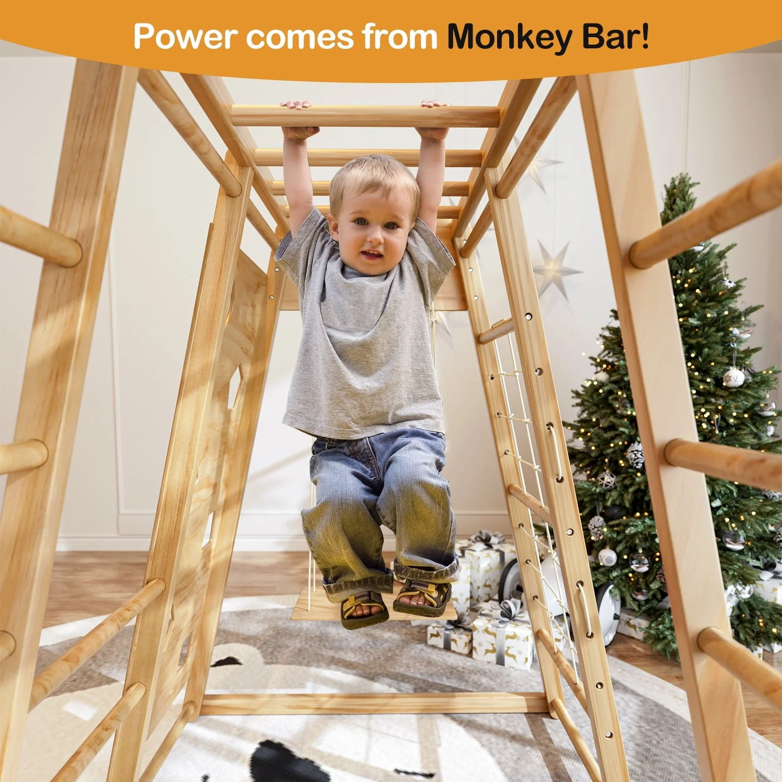 GIKPAL 8-in-1  Wooden Indoor Kids Playground Jungle Gym with Slide, Toddlers Wooden Climber with Slide Playset, Wooden Rock Climbing Wall with Rope Wall Climb, Monkey Bars, and Swing for Kids
