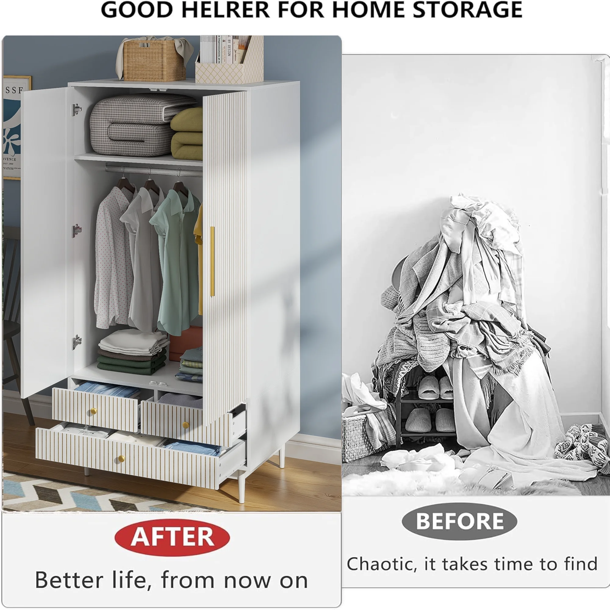 Armoire Wardrobe Closet, Closet Wardrobe Cabinet with Drawers and Hanging Rail for Bedroom, White