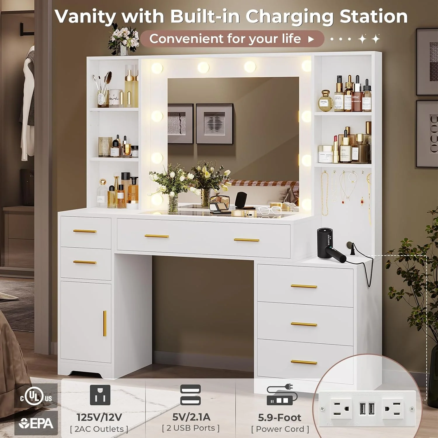 Makeup Vanity Desk with Lighted Mirror & Charging Stations & 6 Drawers Large Vanity Table Bedroom Dressing Table with Glass Tabletop&Side Cabinet&Glass Tabletop, Black