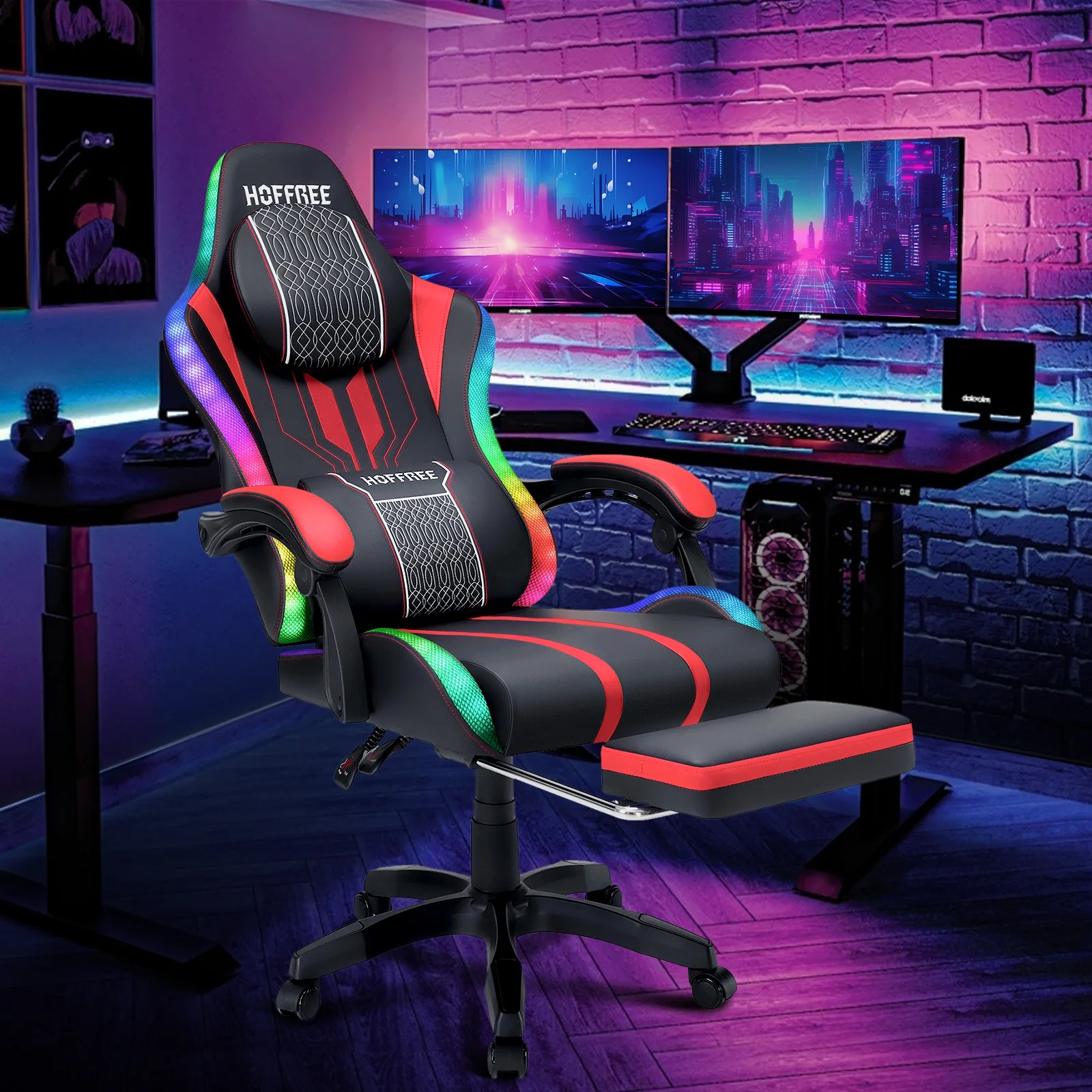 HOFFREE Big and Tall Gaming Chair with Speakers and RGB Lights, Gamer Chair with Footrest, Lumbar Support Height Adjustable 360-Swivel Seat and Headrest for Adults, 400lbs