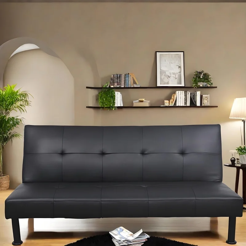 Couches for Living Room Upholstered Convertible Folding Futon Sofa Bed Modern Small Faux Leather Sleeper Sofa Love Seat for Bedroom, Apartment, Black