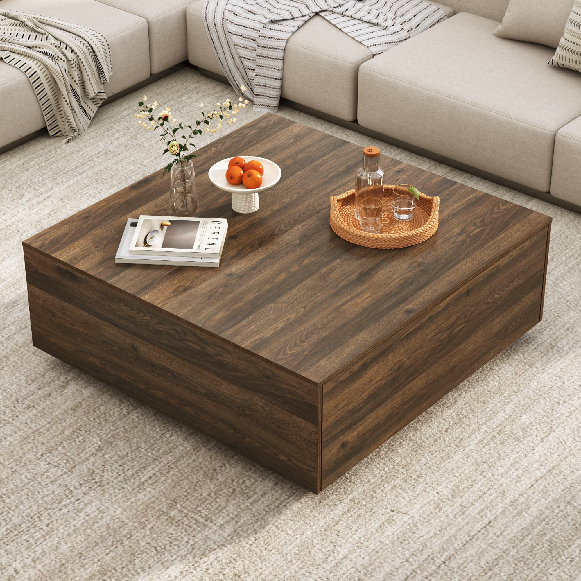 Blotout Square Coffee Table with 2 Large Drawers, 43