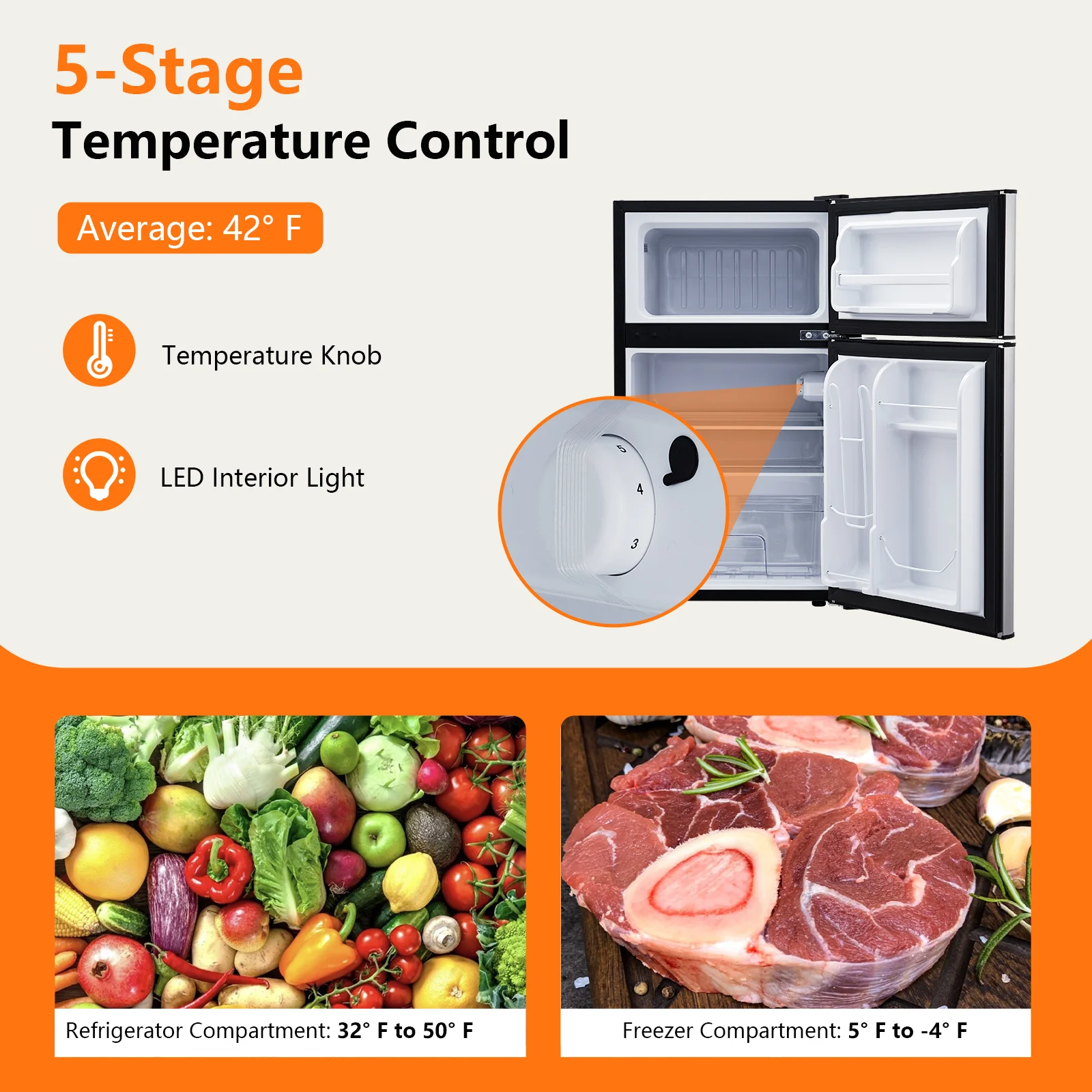 Yesurprise 3.2 Cu. Ft Mini Fridge with Freezer Small Refrigerators Double Door Stainless Steel 5 Thermostat Compact Internal Freezer with Crisper Drawer 90L