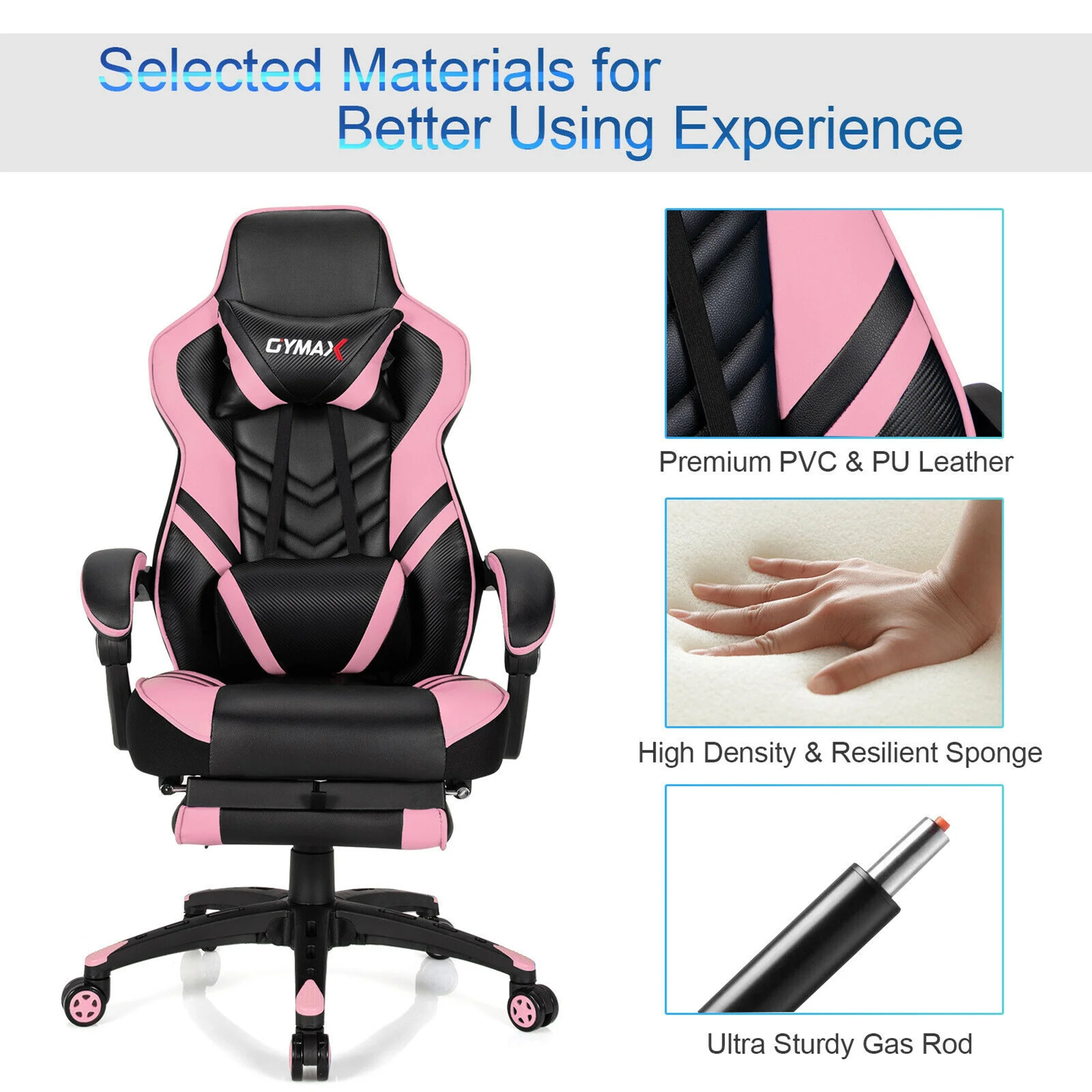 Gymax Office Computer Desk Chair Gaming Chair Adjustable Swivel w/Footrest Pink