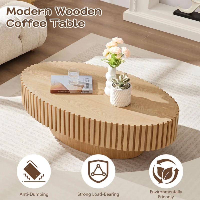 FFH 43.7 inch Oval Coffee Table for Living Room,Handcraft Rustic Corner Coffee Table Nature Wood Relief Sturdy Pedestal for Apartmen,Side Table Centre Table,Nature Wood