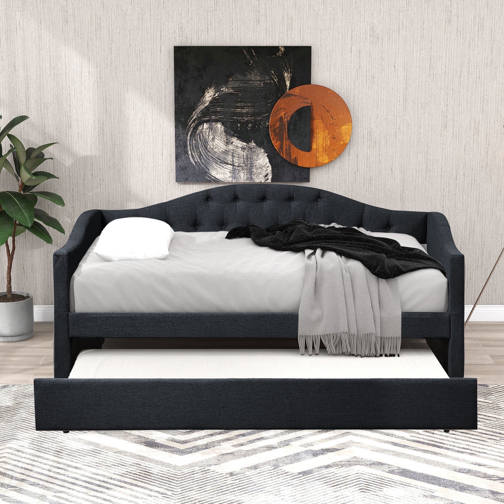 Euroco Upholstery Twin Size Daybed, Wood Tufted Daybed with Trundle for Kids Room, No Box Spring Needed, Dark Gray