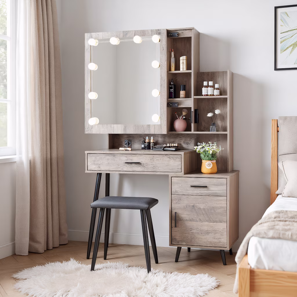 Kadyn Vanity Desk with Lighted Mirror, Vanity Table and Chair Set with 2 Drawers, Dressing Table Makeup Desk with 1 Door, Retro Gray