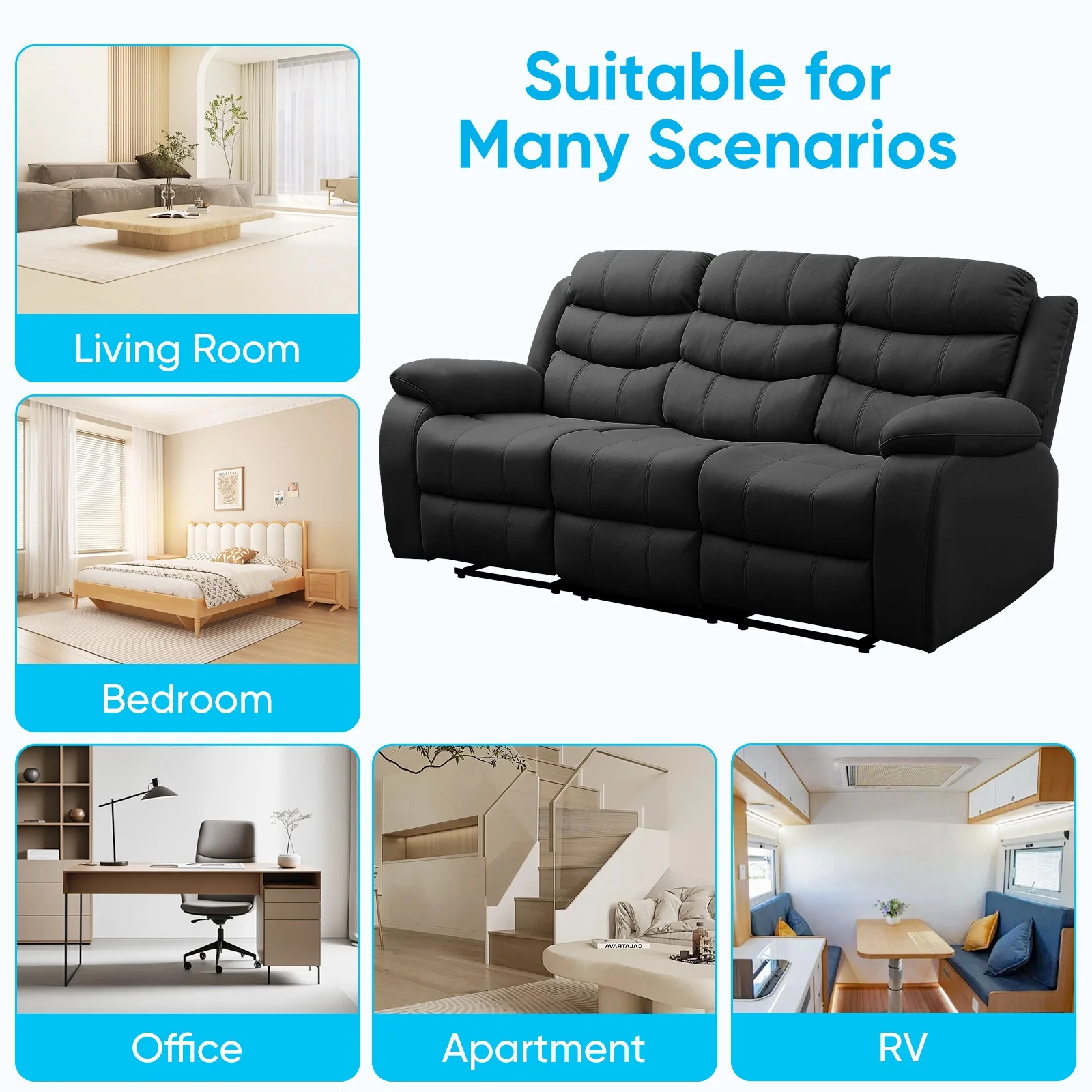 MUZZ Modern Reclining Sofa ,3-Seater Recliner Sofa with Cup Holders, Flip-Up Storage, Reversible Backrest and Footrest, Gray