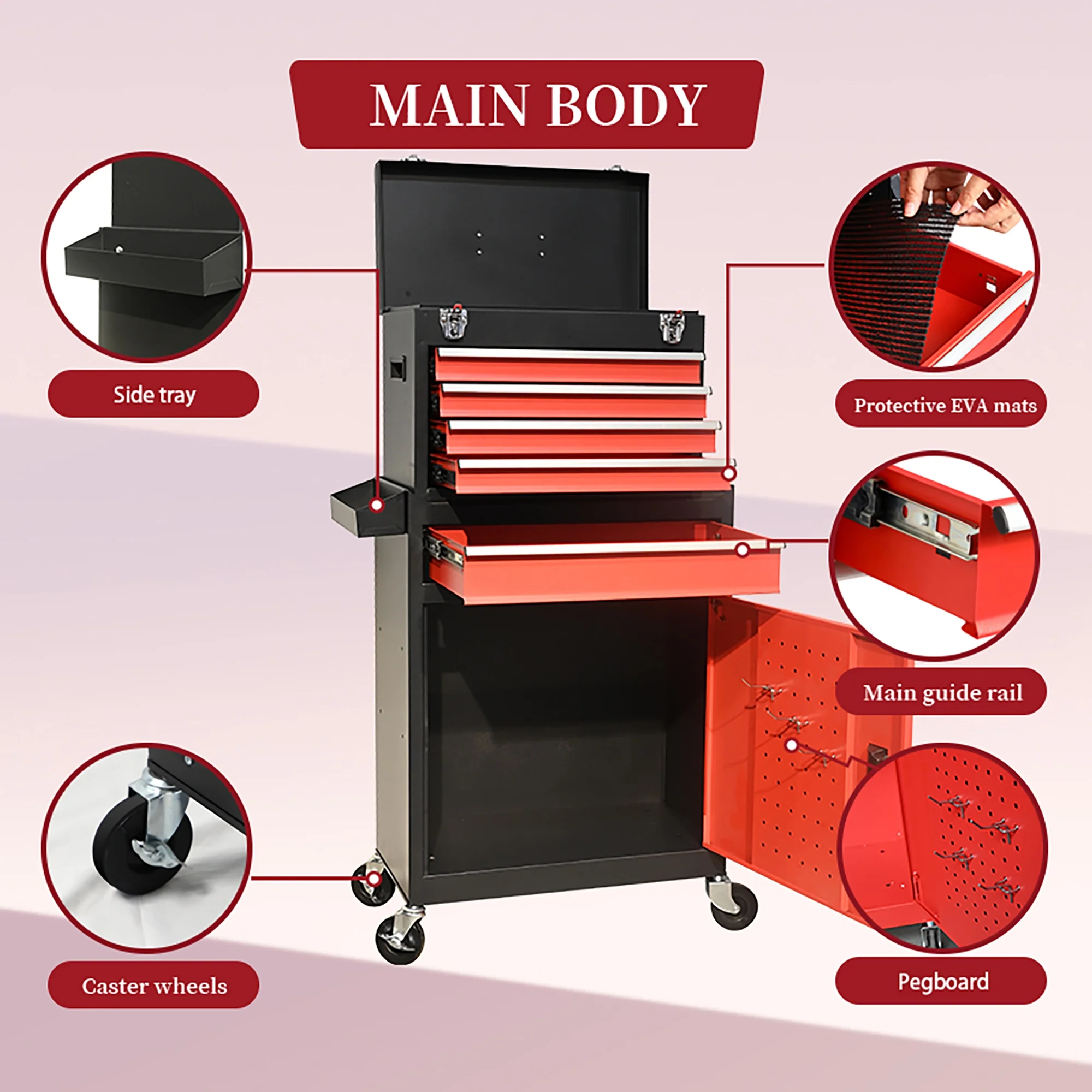 Tool Chest, 5-Drawer Rolling Tool Storage Cabinet with Detachable Top Tool Box, Universal Lockable Wheels