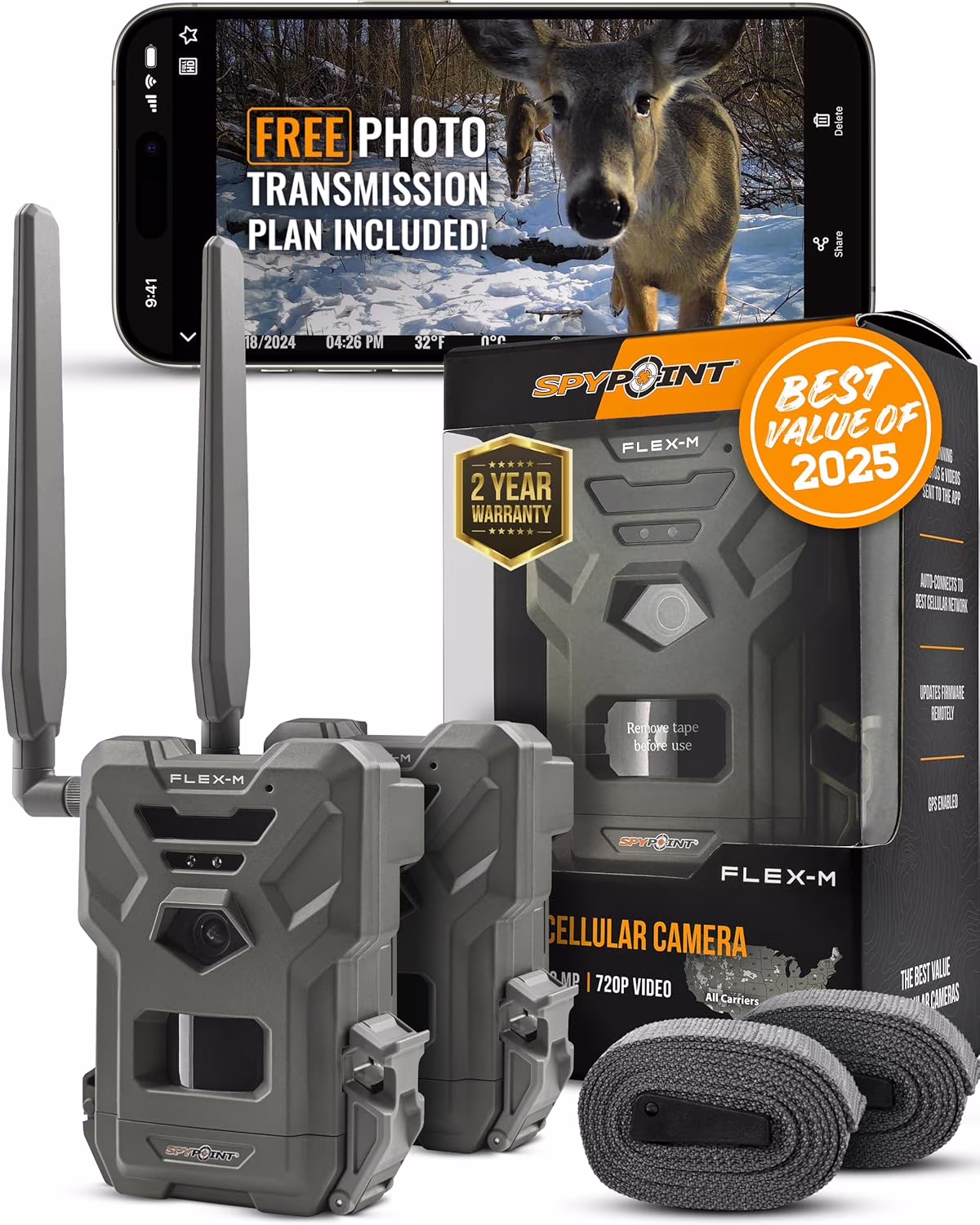 SPYPOINT Flex-m Twin Pack Cellular Trail Camera �C Hunting Trail Monitor with GPS, Night Vision, Dual-Sim LTE, IP65 Water-Resistant