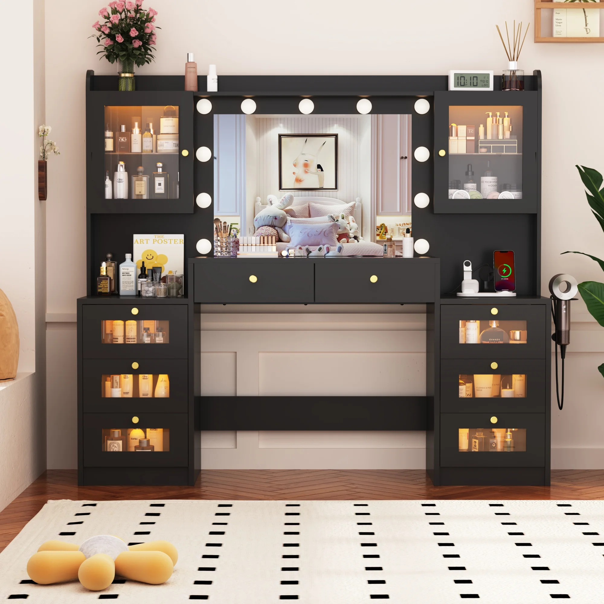 ChVans 62'' Large Vanity Desk with Tempered Glass Top, 11 LED Bulbs, Charging Station, Bedroom Makeup Vanity with 3 Lights Mode LED Mirror, 6 Translucent Drawers, 2 RGB cabinets for Women, Girls Gift