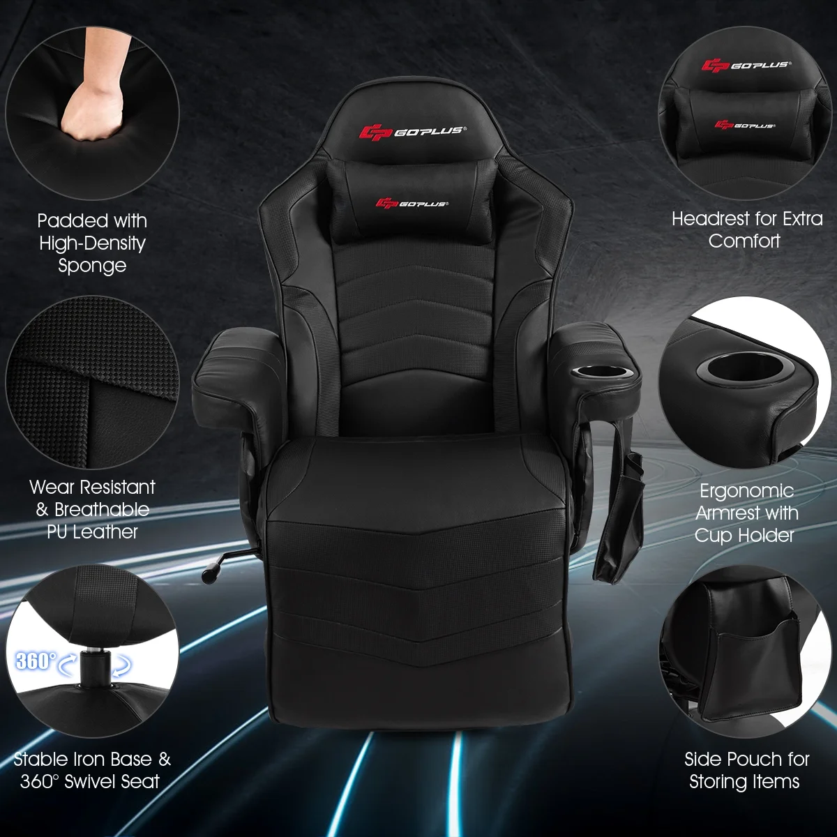 Goplus Massage Gaming Recliner Reclining Racing Chair Swivel Black