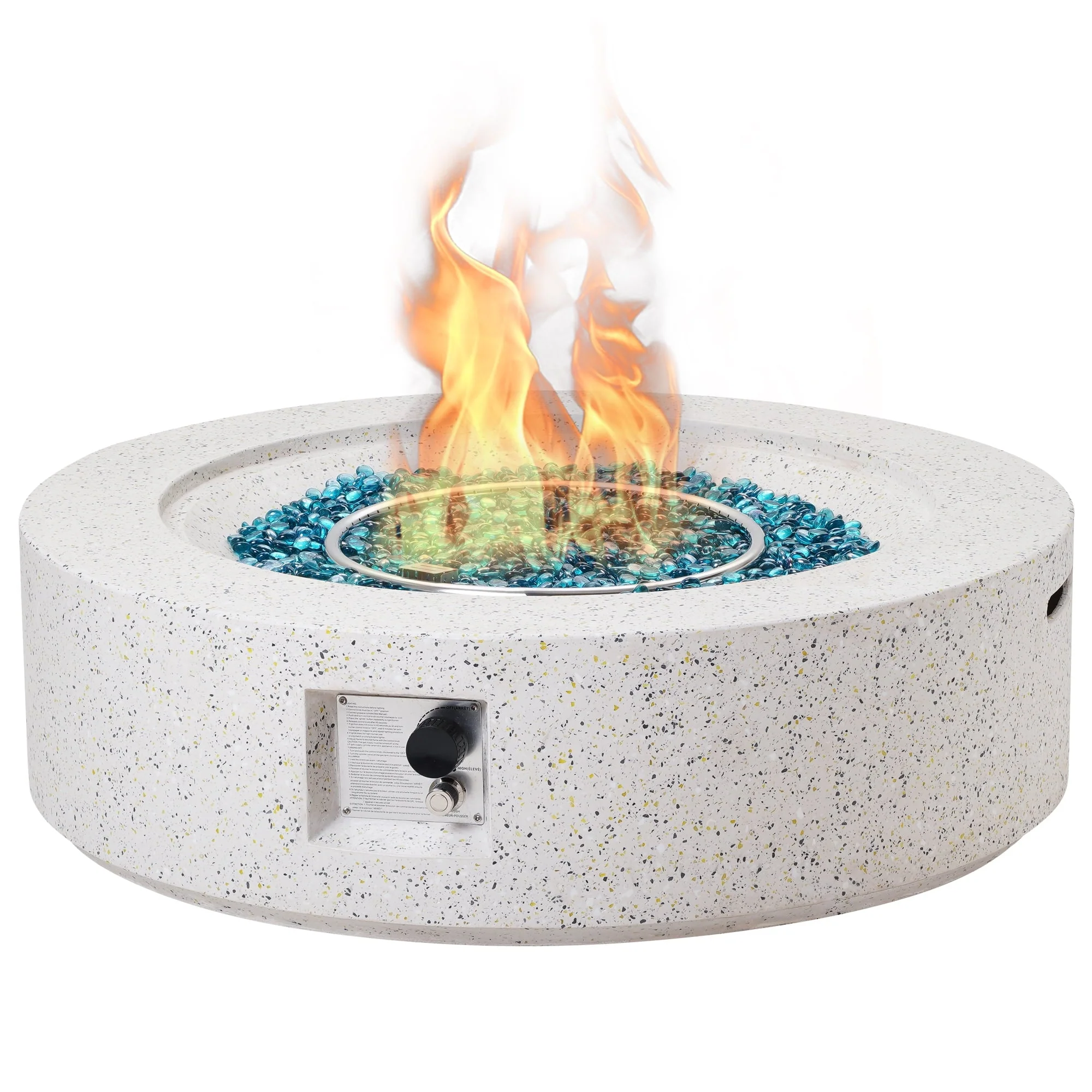 ESSENTIAL LOUNGER 56 inch Concrete Propane Fire Pit Table, 50,000 BTU Outdoor Firepit Rectangular Table for Garden＆Patio, with Propane Tank Metal Stand, Fire Glass Beads and Waterproof Cover, White