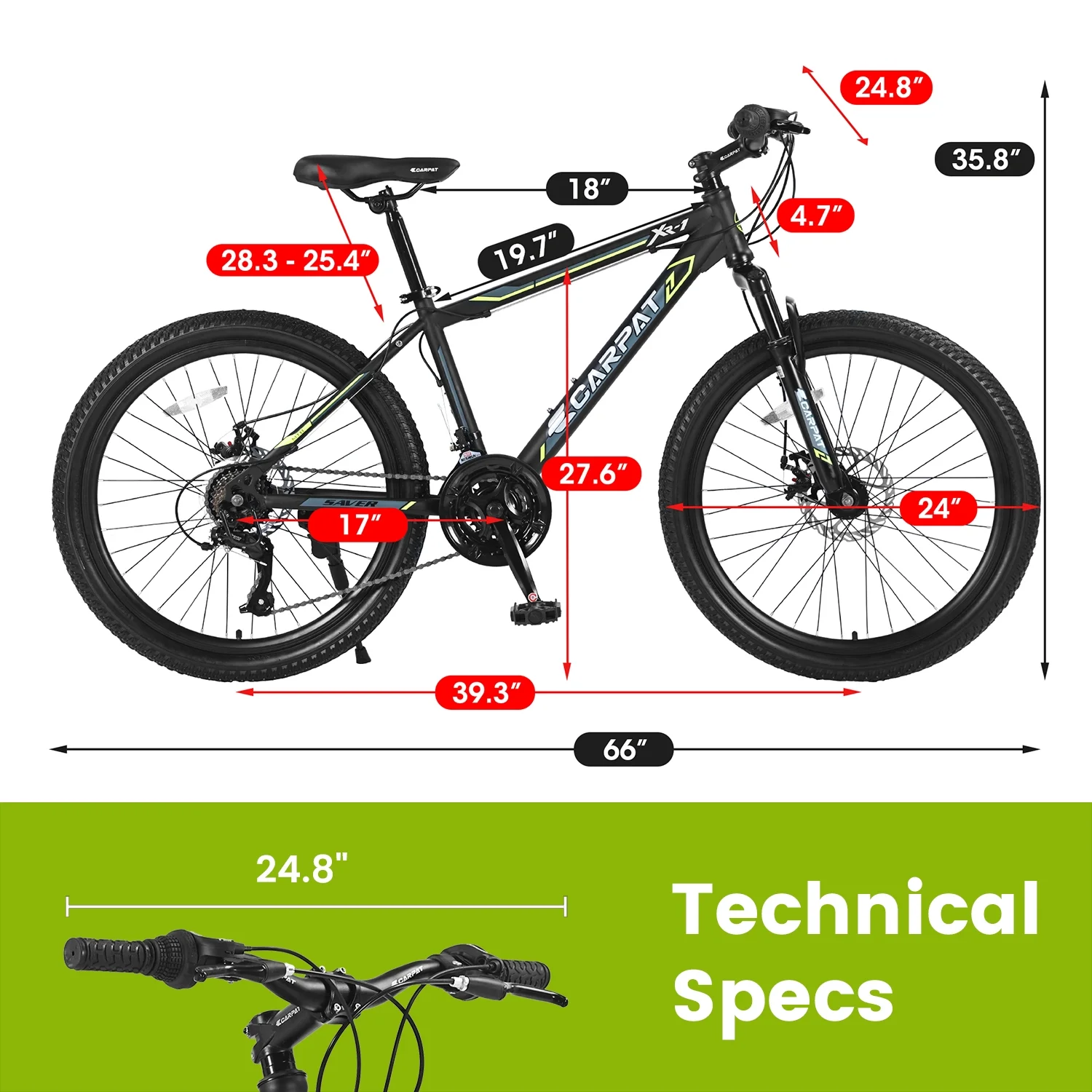Ecarpat Mountain Bike, 24-Inch Wheels Bikes Shimano 21-Speed with High Carbon Steel Frame Mechanical Disc Brakes Front Suspension Fork for Youth Adults Multiple Colors