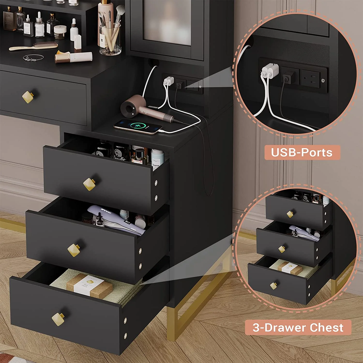 Afuhokles Large Makeup Vanity with Lights, Vanity Table with Charging Station Vanity Desk with Mirror and 10 LED Light Bulbs, 5 Drawers, White