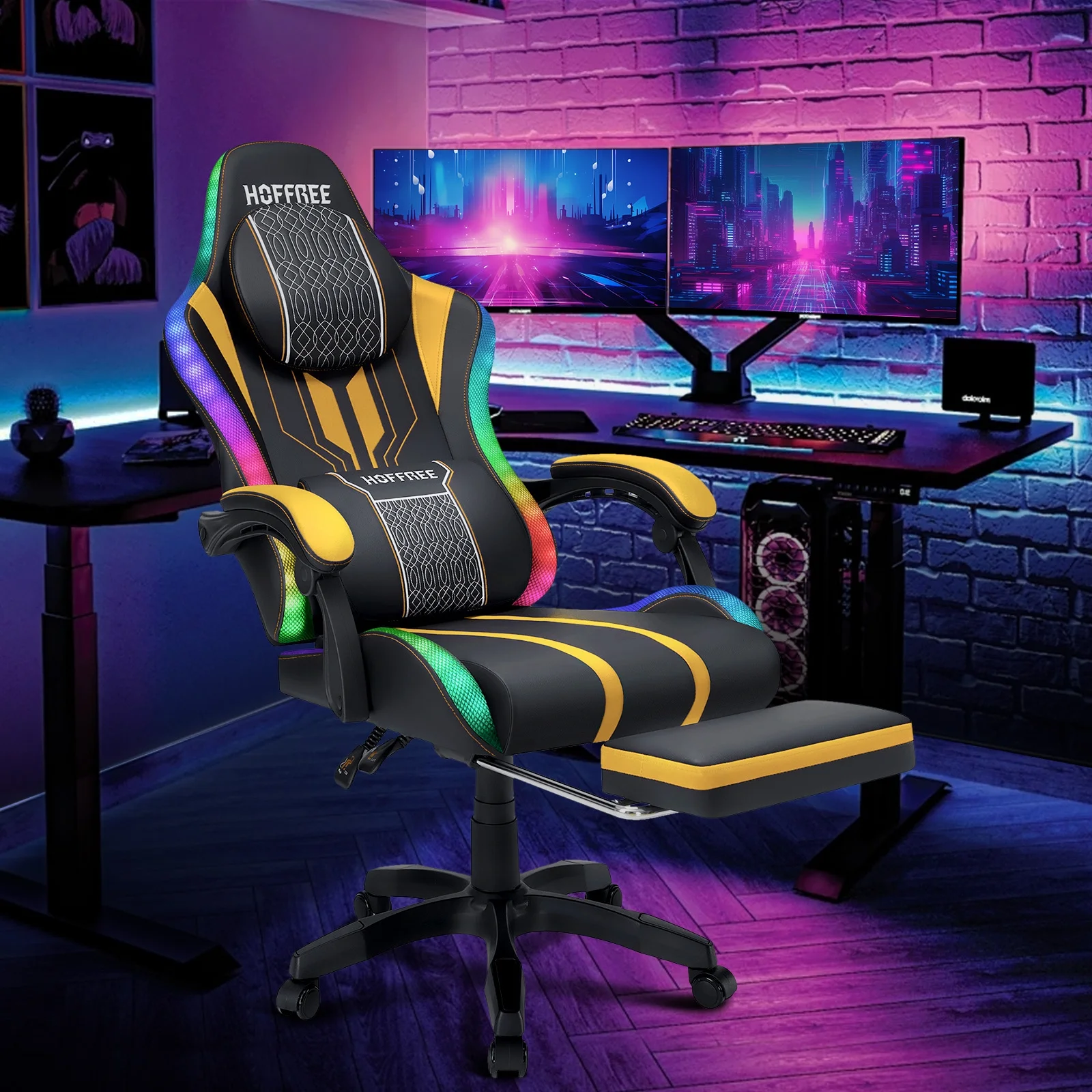 HOFFREE Big and Tall Gaming Chair with Speakers and RGB Lights, Gamer Chair with Footrest, Lumbar Support Height Adjustable 360-Swivel Seat and Headrest for Adults, 400lbs