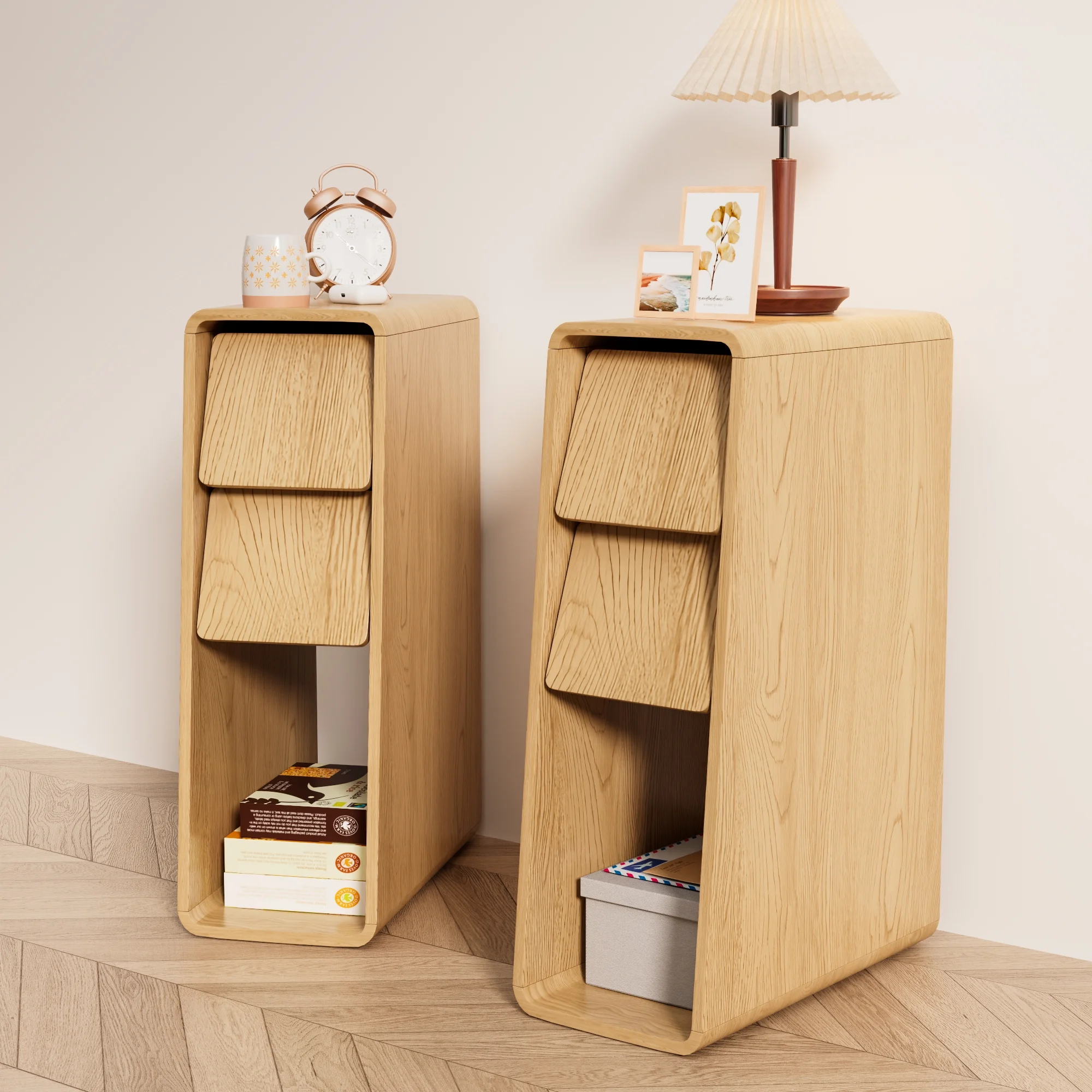 Narrow Nightstand Set of 2 with Drawers, Fluted Slim Side End Table with Storage for Small Spaces