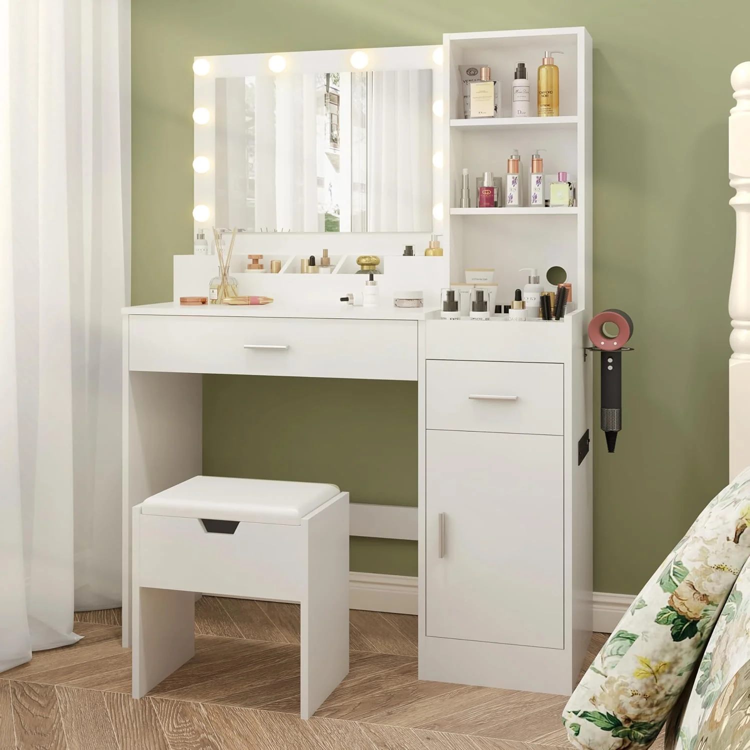 Vanity Table Set with Mirrors and Adjustable Lights ,Makeup vanity With Power Outlet for Bedroom Dressing Room,White