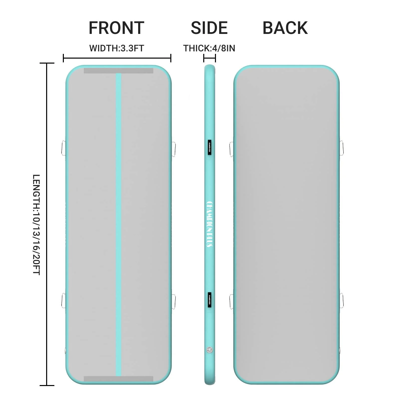 CHAMPIONPLUS Air Track 10ft 13ft 16ft 20ft Inflatable Air Tumble Track Gymnastics Tumbling Mat 4in 8in Thick Mats for Home Use/Training/Cheerleading/Water/Yoga Electric Air Pump, Mint Green 10ft 4in