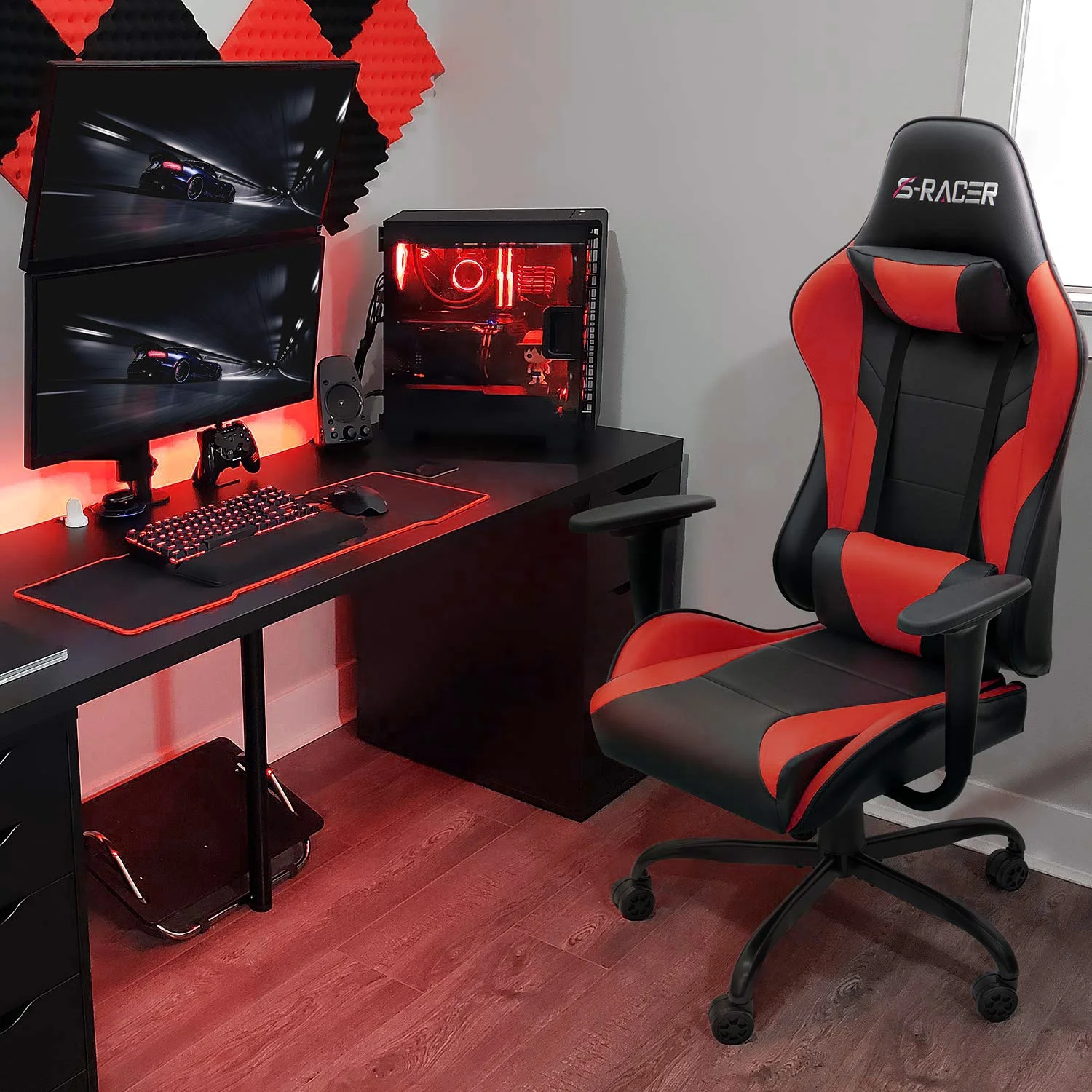 Lacoo Gaming Chair in Home Office PU Leather Reclining Gaming Chair Adjustable Adjustable Headrest and Lumbar Pillow, Red