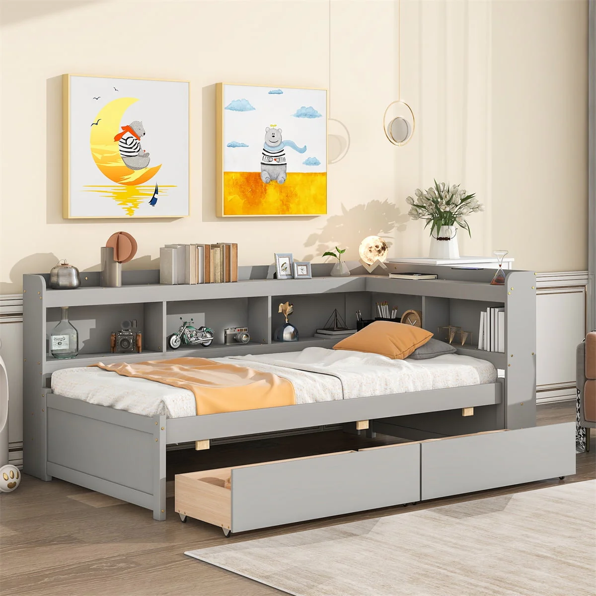 Twin Bed with L-Shaped Bookcases and Two Drawers,Solid Wood Platform Bed Frame with Bookcases Headboard and Wood Slats Support,Twin Size Daybed Frame for Bedroom Living Room,No Box Spring Needed,Gray