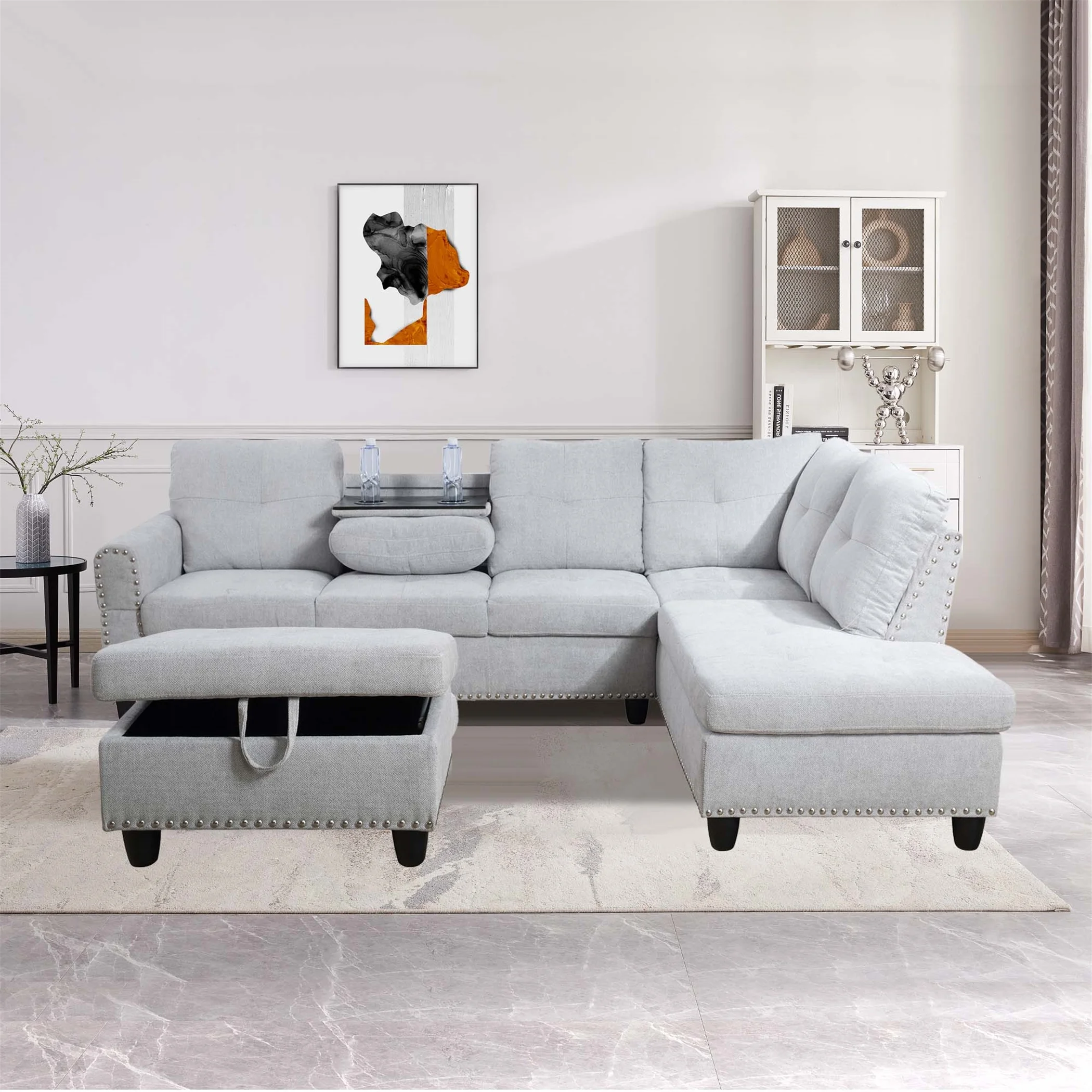 Aukfa 3 Piece Sectional Sofa, Living Room Couch with Storage Ottoman&Cup Holder, Linen, Left Hand, Black Gray