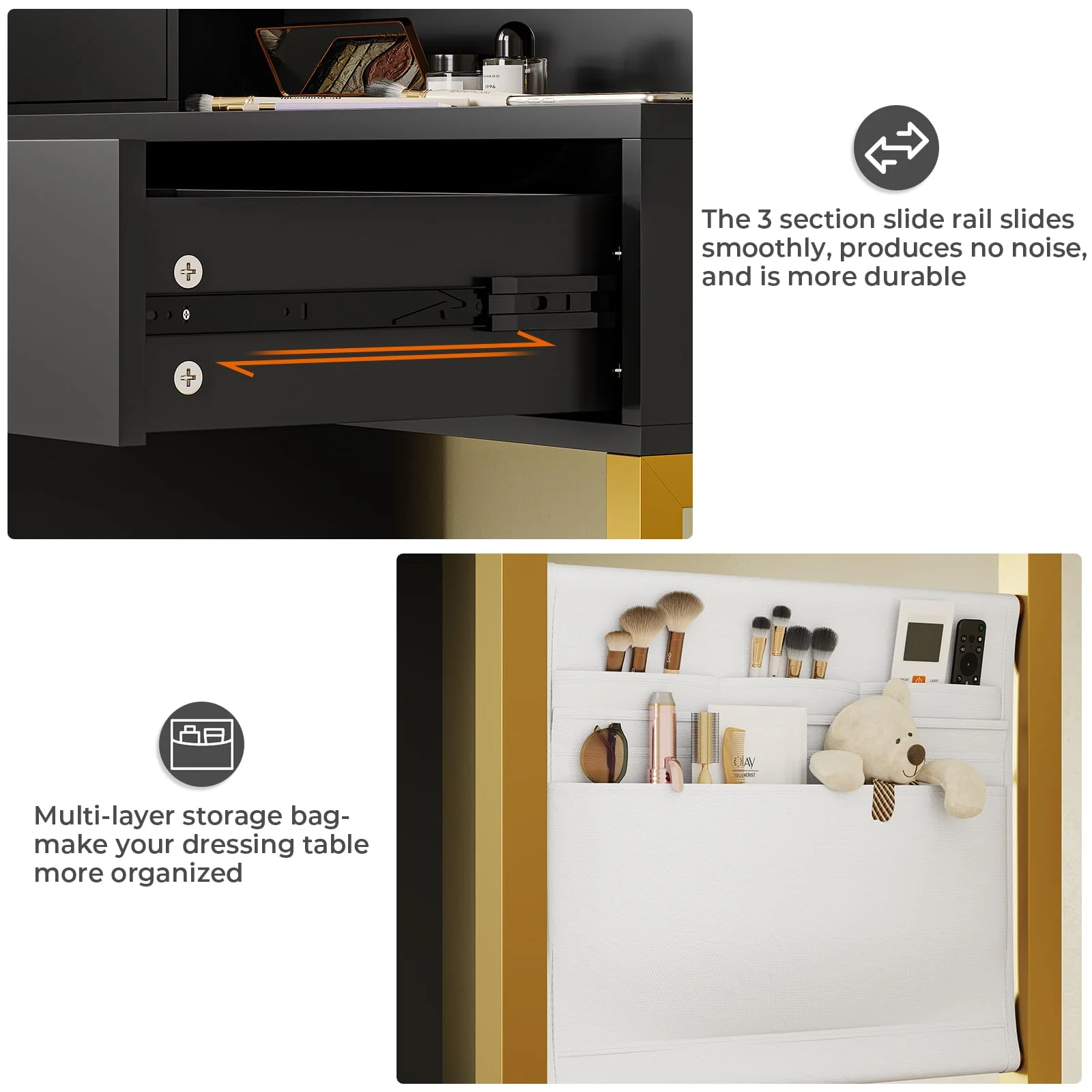 Makeup Vanity Desk with Lighted Mirror & Charging Stations & 6 Drawers Large Vanity Table Bedroom Dressing Table with Glass Tabletop&Side Cabinet&Glass Tabletop, Black