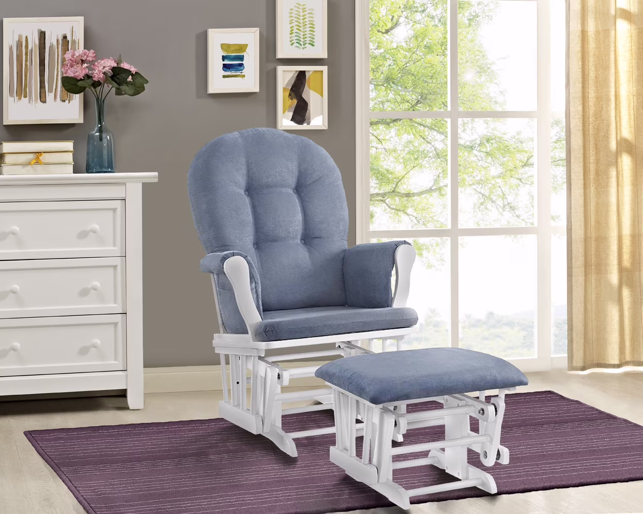 Angel Line Windsor Glider and Ottoman, Natural Finish with Gray Cushions