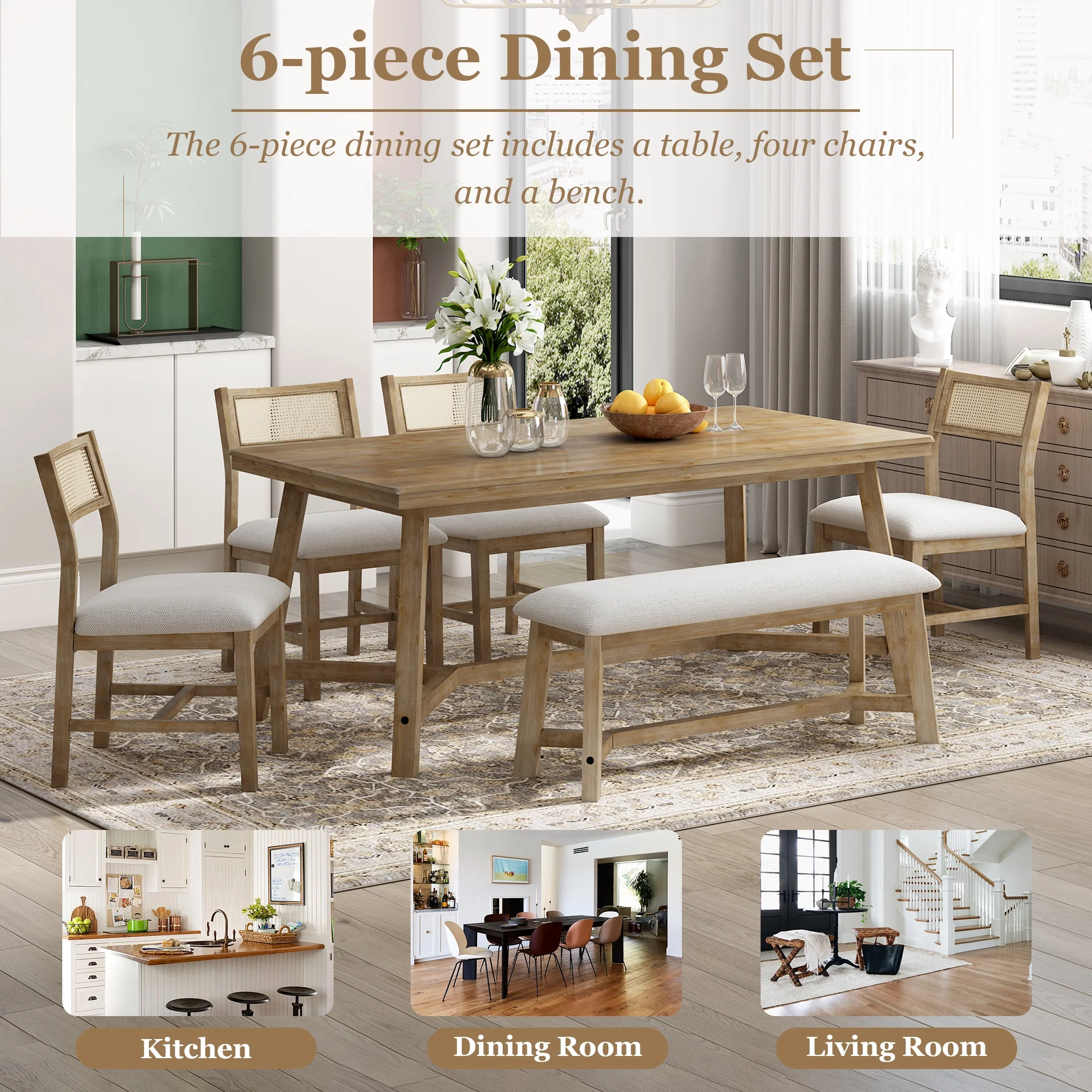 EUROCO 6-Piece Dining Table Set for 6, Retro Dining Set with 4 Upholstered Chairs and 1 Bench,Beautiful Wood Grain Pattern Tabletop for Dining Room and Kitchen,Natural