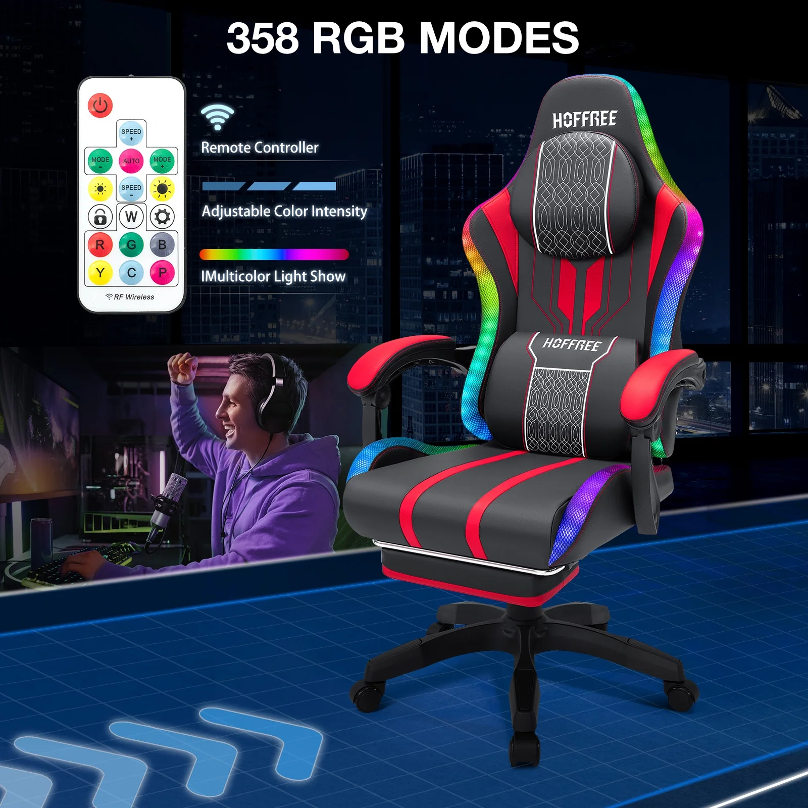 HOFFREE Big and Tall Gaming Chair with Speakers and RGB Lights, Gamer Chair with Footrest, Lumbar Support Height Adjustable 360-Swivel Seat and Headrest for Adults, 400lbs