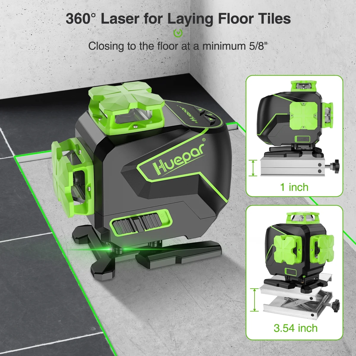 Huepar 3 x 360 Degree Cross Line Laser Level 3D Self-leveling Tiling Floor Green Beam Laser Leveler Tools with Li-ion Battery & Pivoting Base S03DG-L