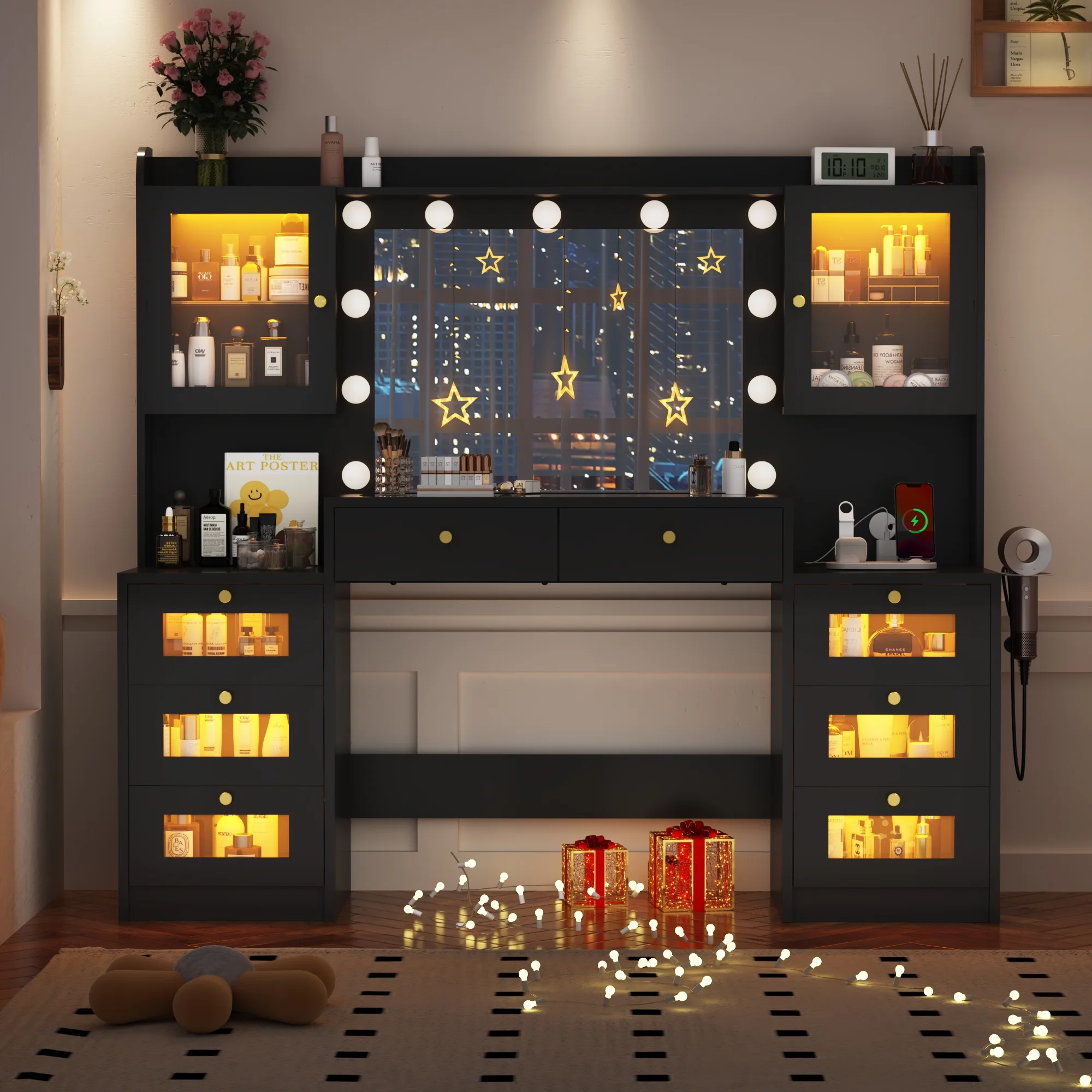 ChVans 62'' Large Vanity Desk with Tempered Glass Top, 11 LED Bulbs, Charging Station, Bedroom Makeup Vanity with 3 Lights Mode LED Mirror, 6 Translucent Drawers, 2 RGB cabinets for Women, Girls Gift