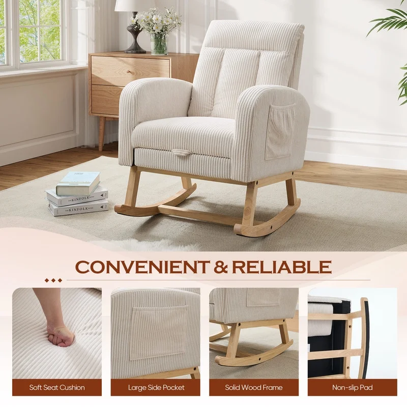 FFH Rocking Chair Nursery, Tufted Accent Rocker Chair, Upholstered Armchair with Adjustable Footrest, Side Pocket, High Backrest, Padded Seat, Polyester Blend (Retro, Dark Gray)