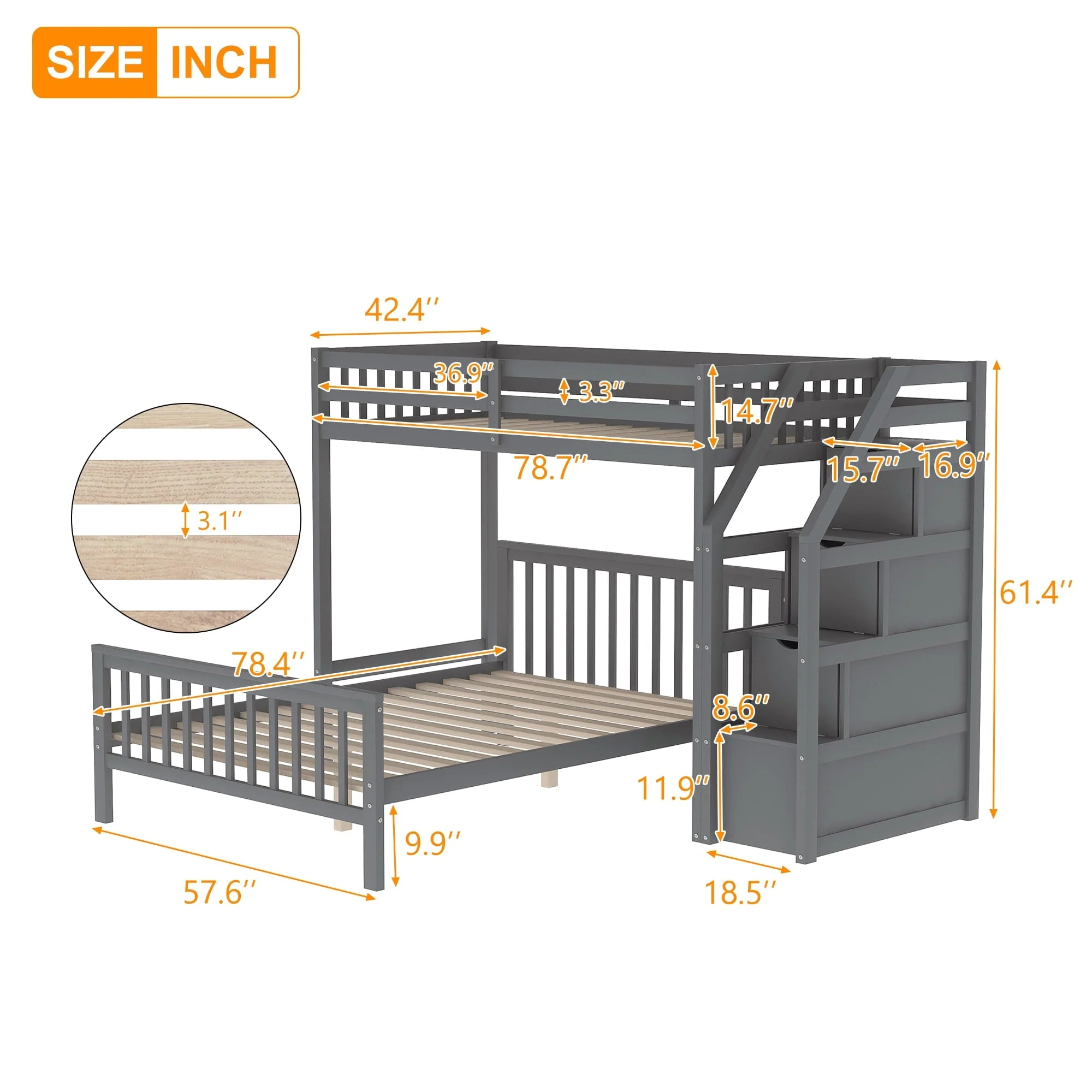 Euroco Wood Stairway Twin Loft Bed with Full Platform and Drawer