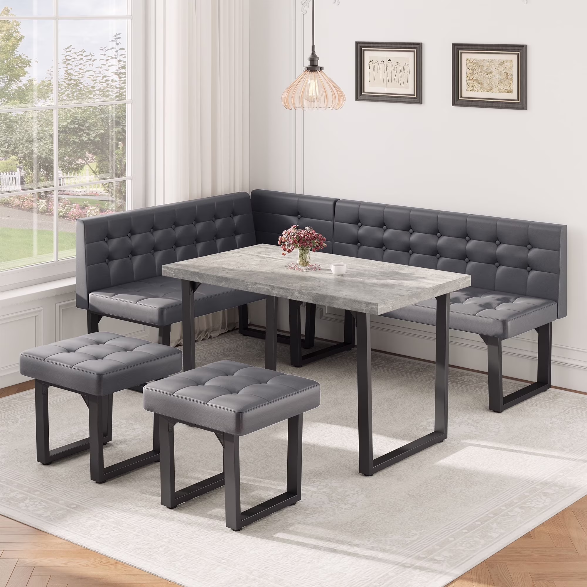 Brafab 5 Piece Corner Dining Breakfast Nook with Table and Bench Modern Kitchen Table Set with Gray Upholstered Banquette Seating