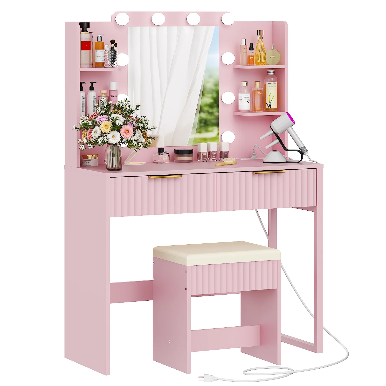 Ktaxon Lighted Makeup Vanity, White Vanity Table Set with 2 Drawer and Charging Station, Femal Gift