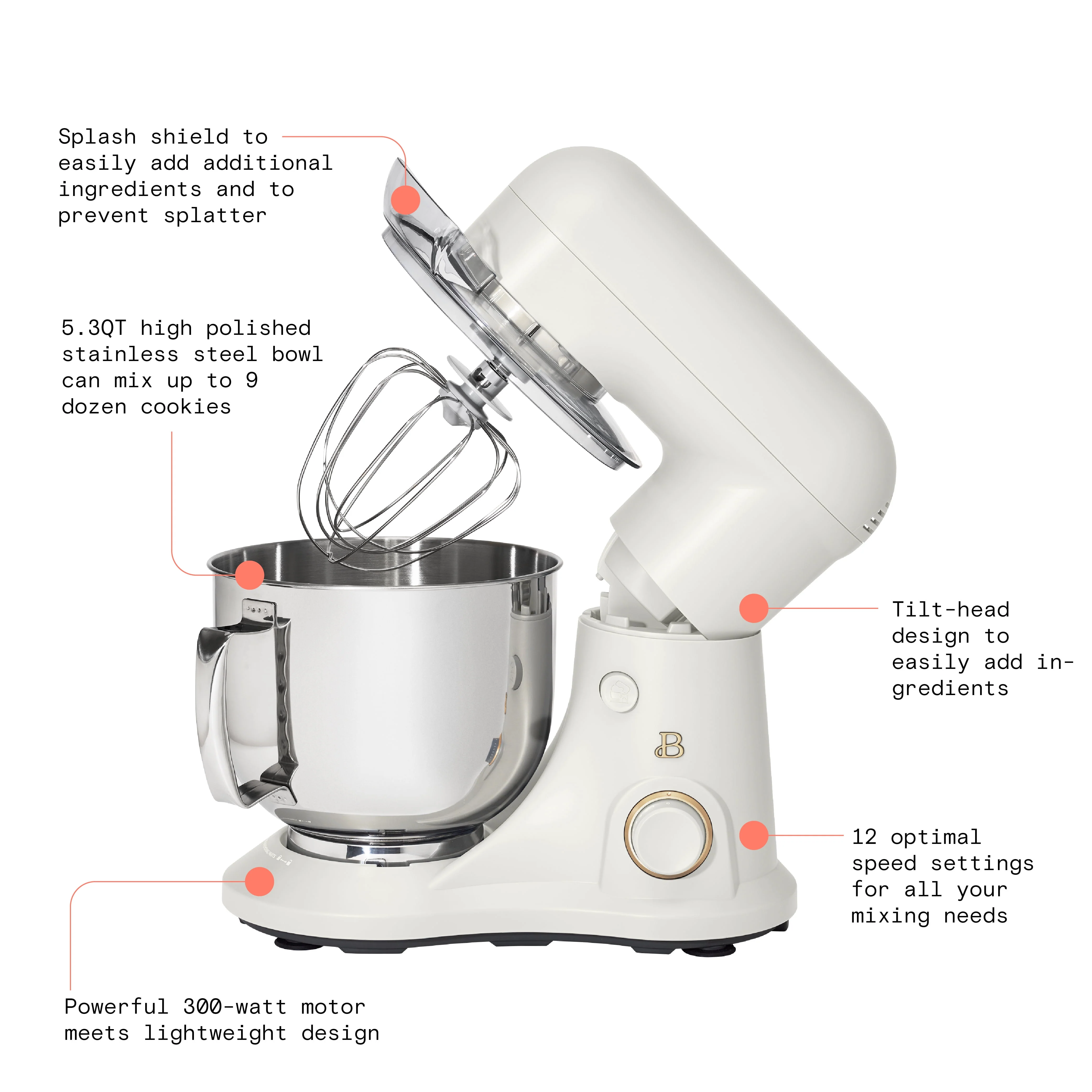 Beautiful 5.3 qt Stand Mixer, Lightweight & Powerful with Tilt-Head, White Icing by Drew Barrymore