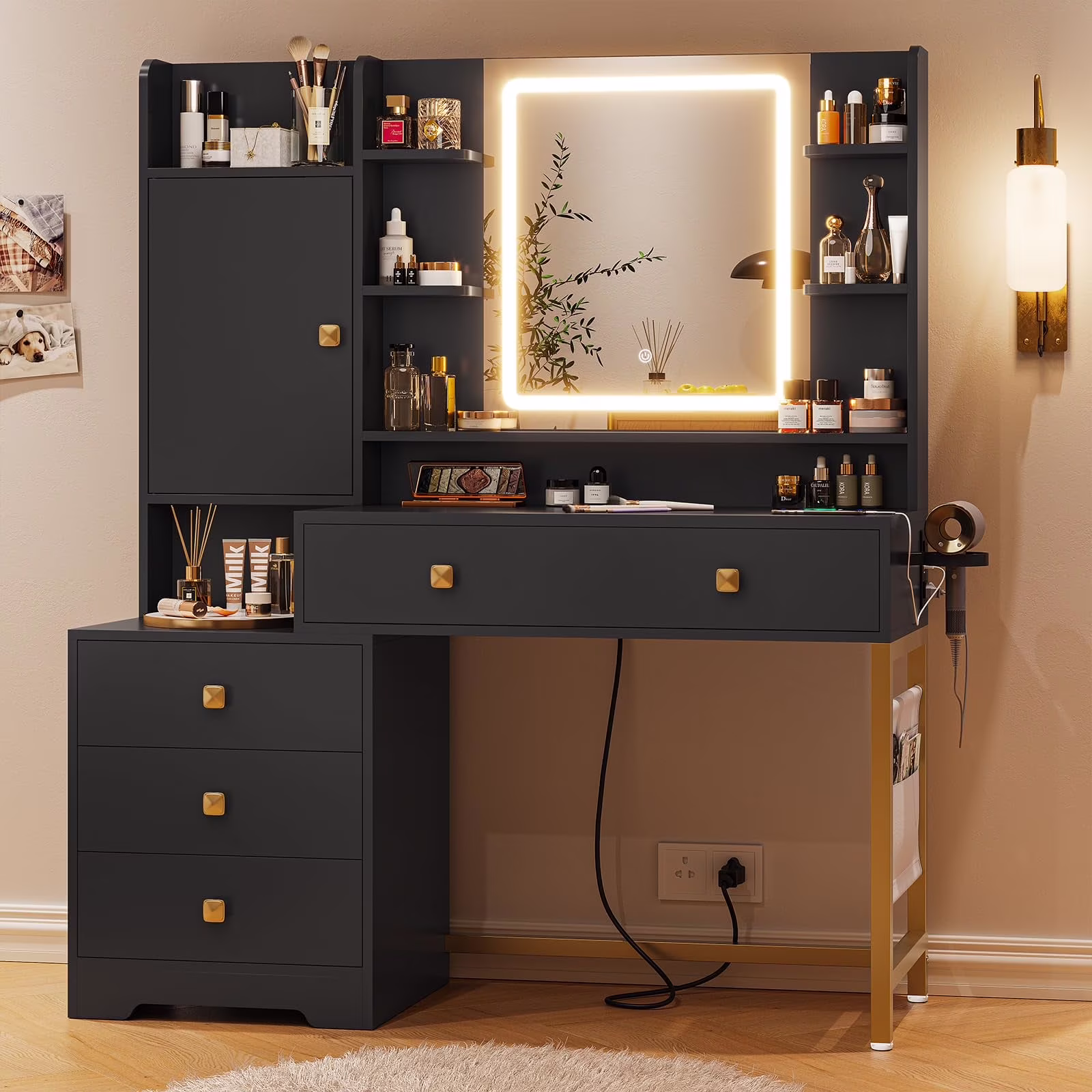 Makeup Vanity Desk with Lighted Mirror & Charging Stations & 6 Drawers Large Vanity Table Bedroom Dressing Table with Glass Tabletop&Side Cabinet&Glass Tabletop, Black