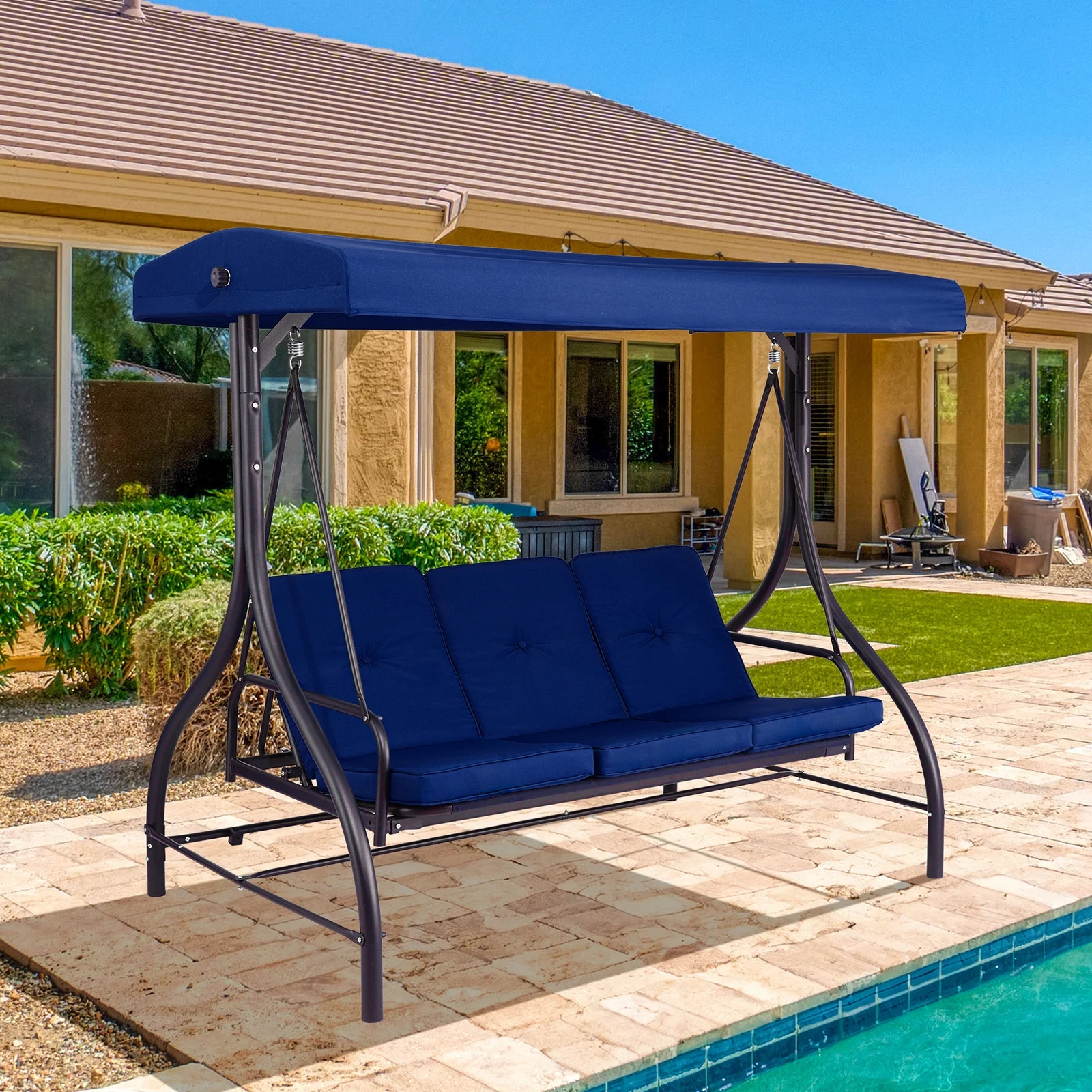 Pirecart 3 Person Patio Porch Swing Outdoor Converting Swing Glider Hammock with Adjustable Canopy, Cushions, Red