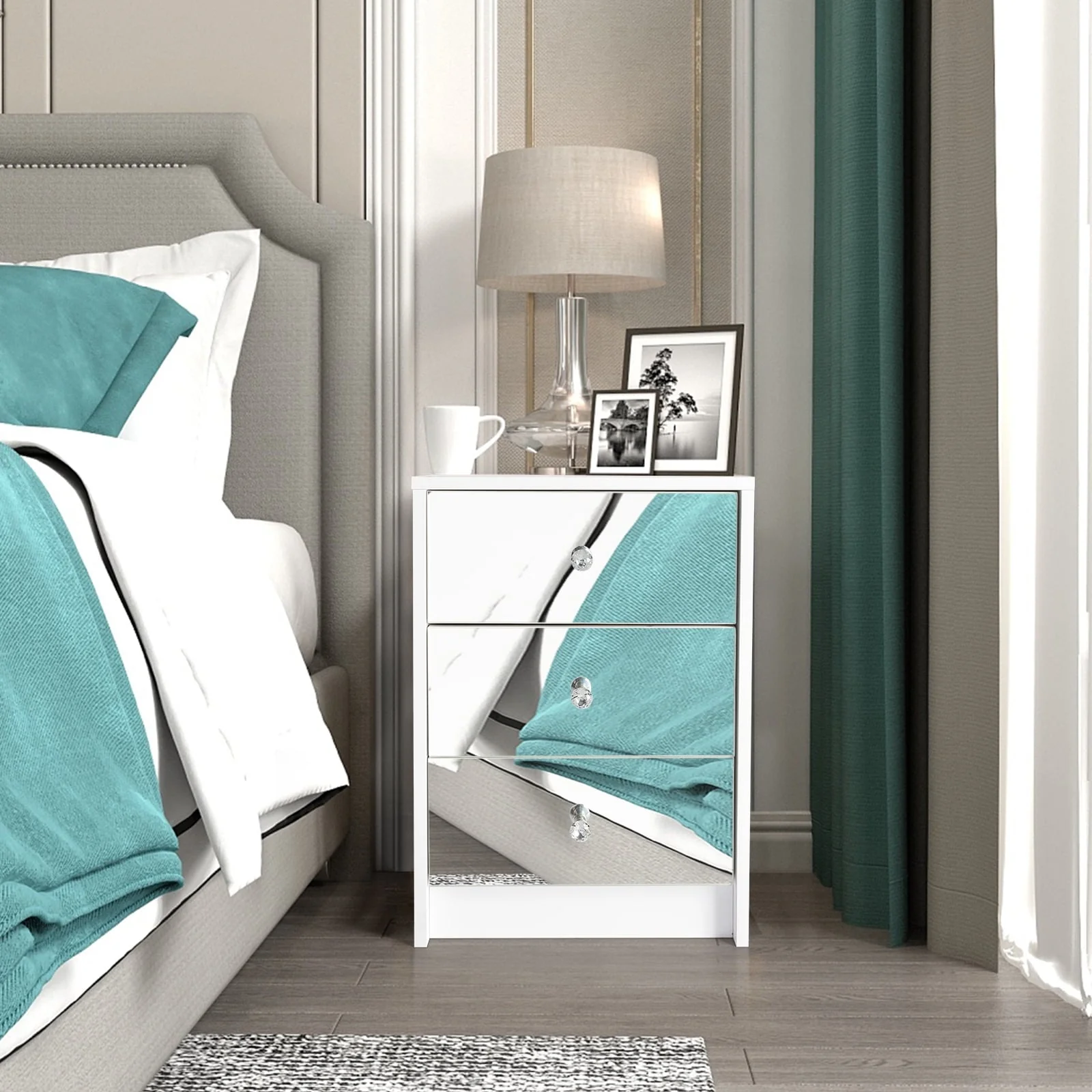 Ktaxon Mirrored Nightstand, End Table with 3-Drawer and Crystal Style Knobs, Modern Bedside Table for Bedroom, Living Room,White