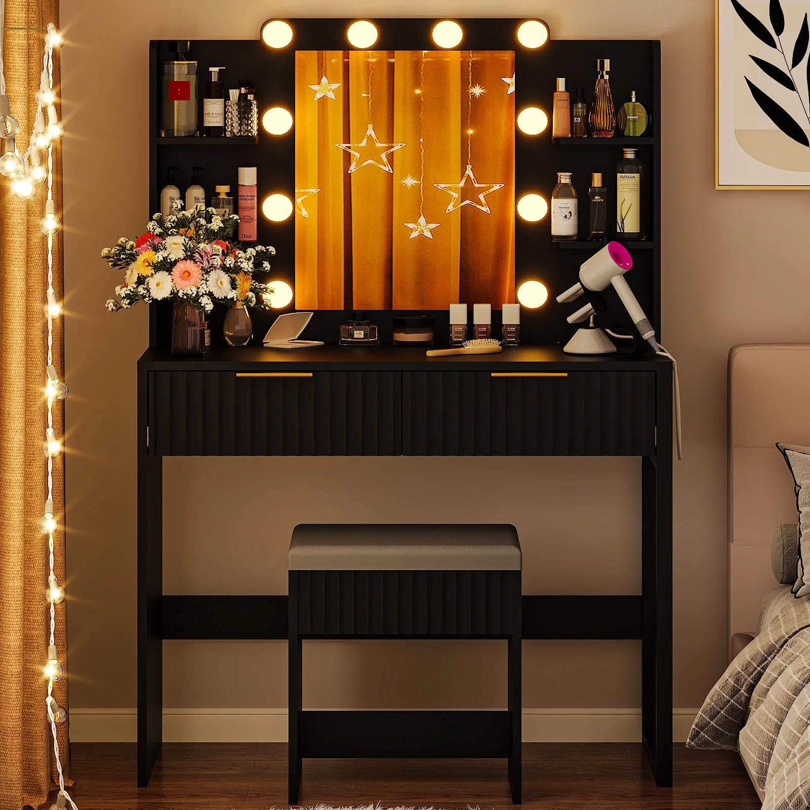 Ktaxon Lighted Makeup Vanity, White Vanity Table Set with 2 Drawer and Charging Station, Femal Gift