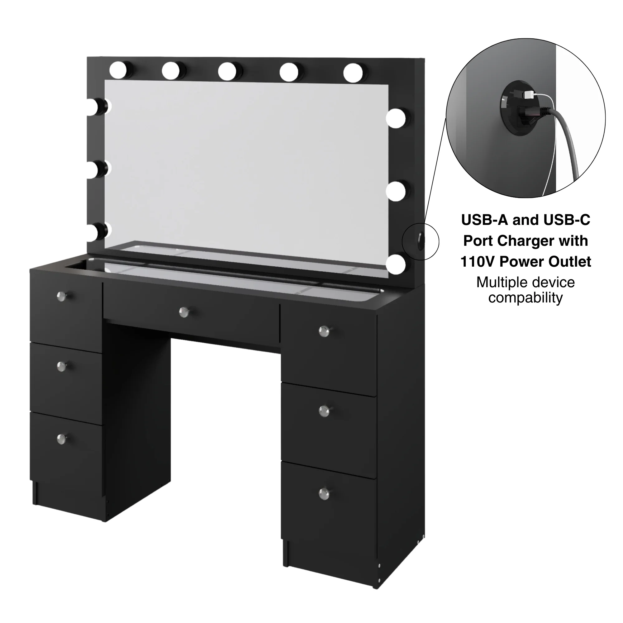 Ember Interiors Ibbie White Makeup Vanity with Glass Top, Lights, Charging Station