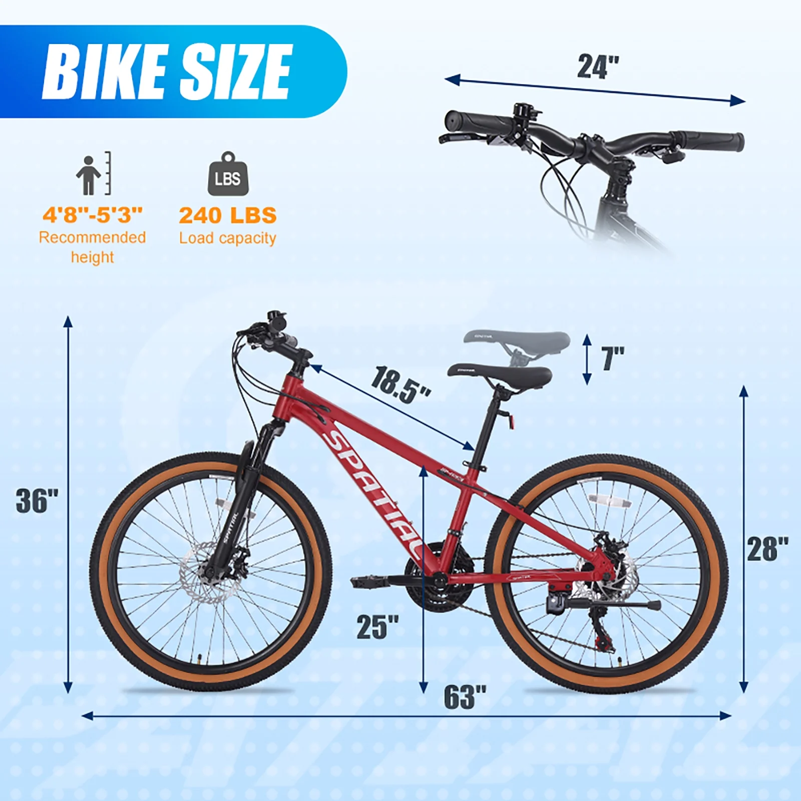 SPATIAL 24 inch Mountain Bicycle for Teenagers,21-Speed Gears MTB Mountain Bikes,Aluminum Frame Dual Disc Brakes
