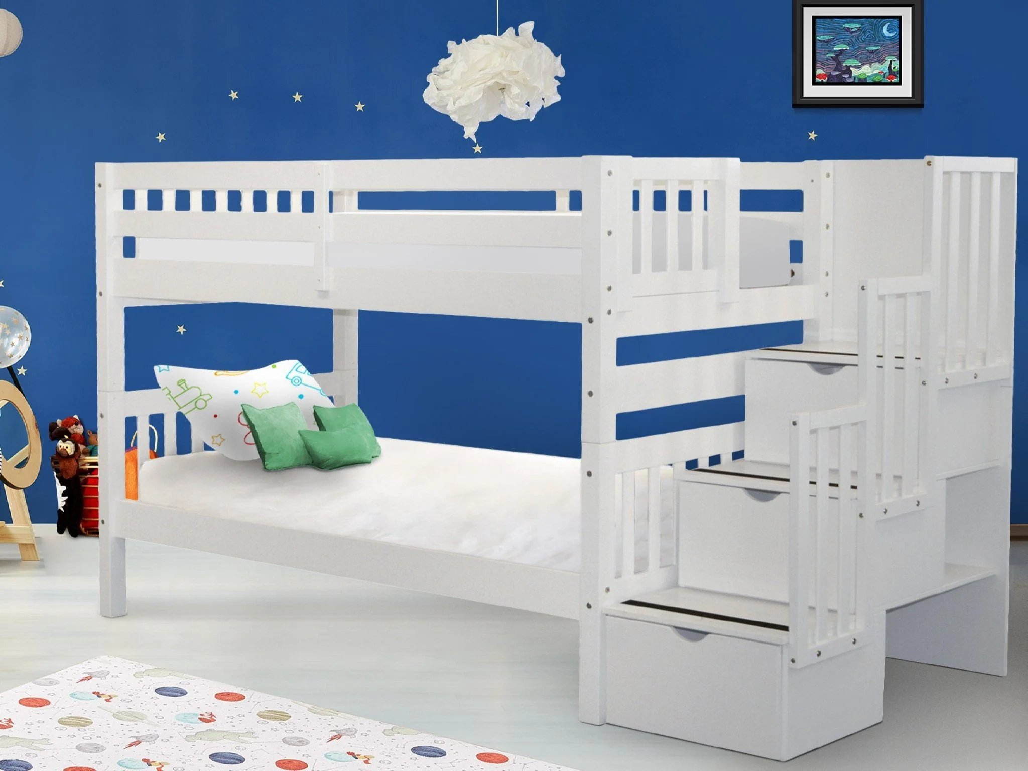 Bedz King Stairway Bunk Beds Twin over Twin with 3 Drawers in the Steps, White