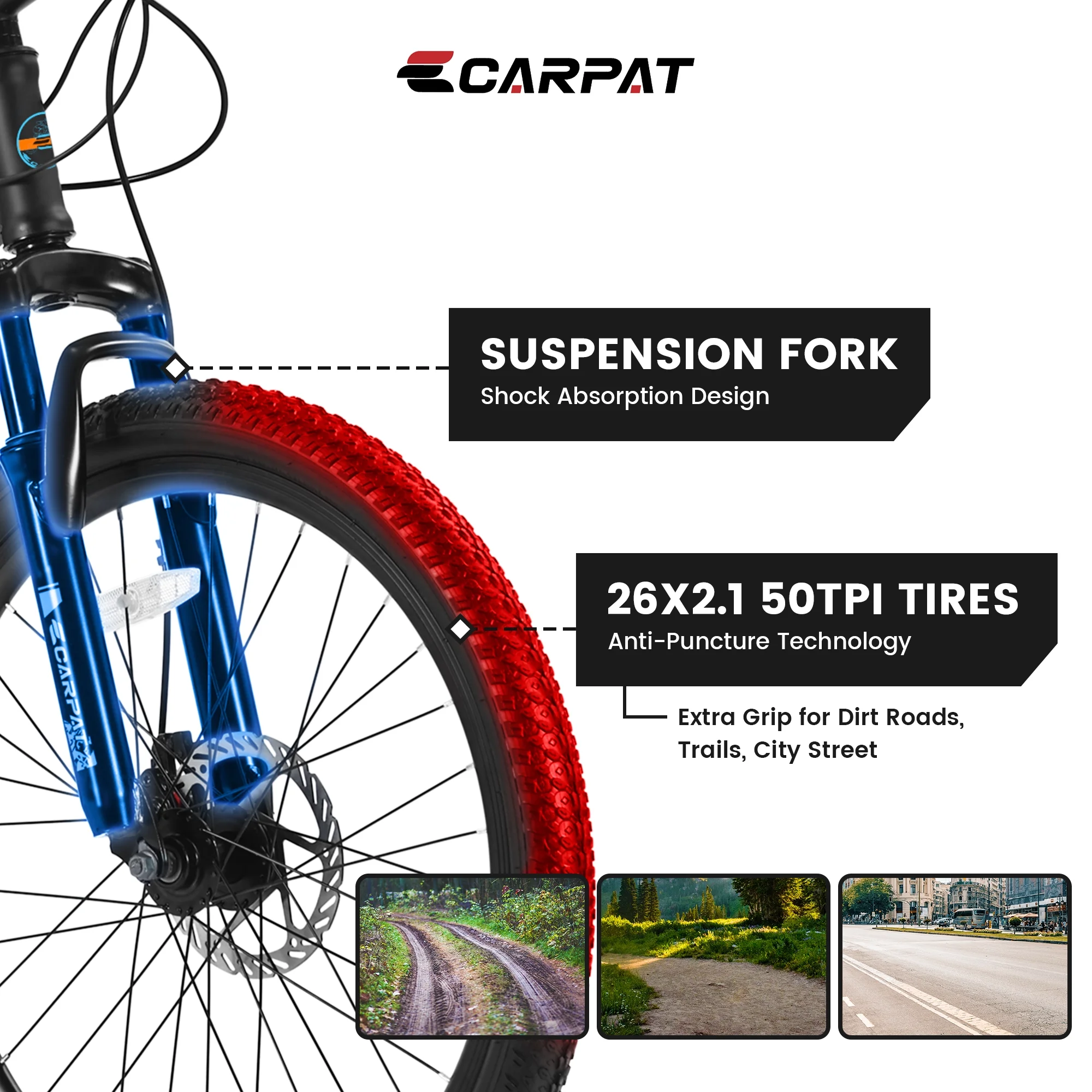 Ecarpat Mountain Bike, 24-Inch Wheels Bikes Shimano 21-Speed with High Carbon Steel Frame Mechanical Disc Brakes Front Suspension Fork for Youth Adults Multiple Colors