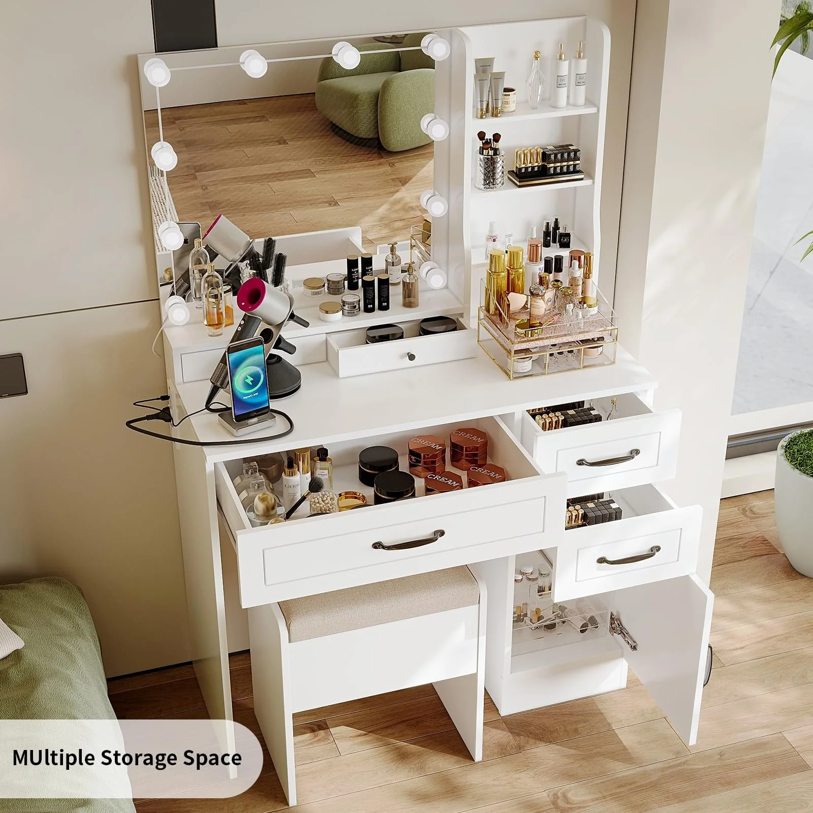 RichYa Makeup Vanity Table with Lighted Mirror Power Outlet Drawers and Cabinet for Bedroom White