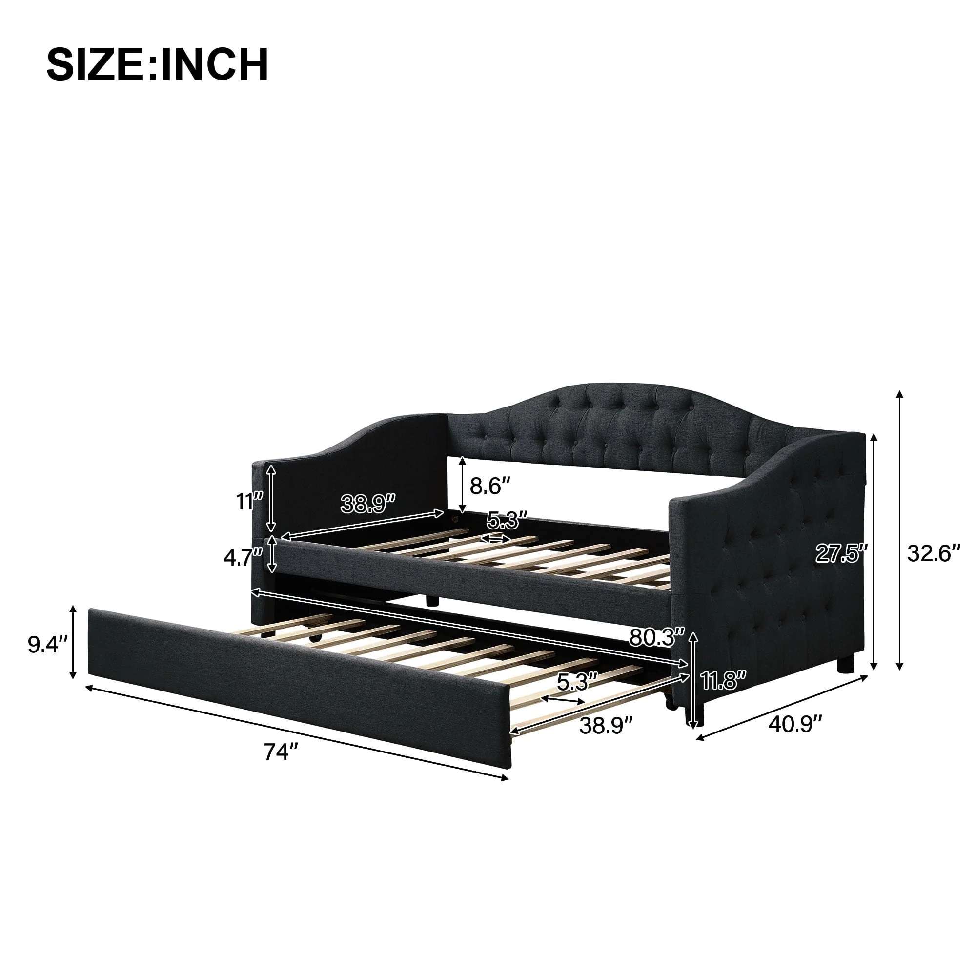 Euroco Upholstery Twin Size Daybed, Wood Tufted Daybed with Trundle for Kids Room, No Box Spring Needed, Dark Gray