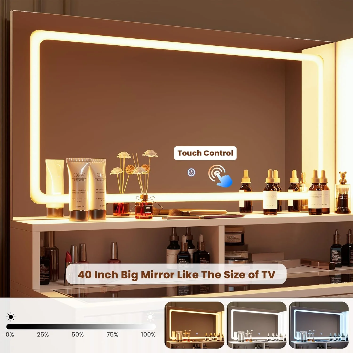 Vanity Table Set with Mirrors and Adjustable Lights ,Makeup vanity With Power Outlet for Bedroom Dressing Room,White