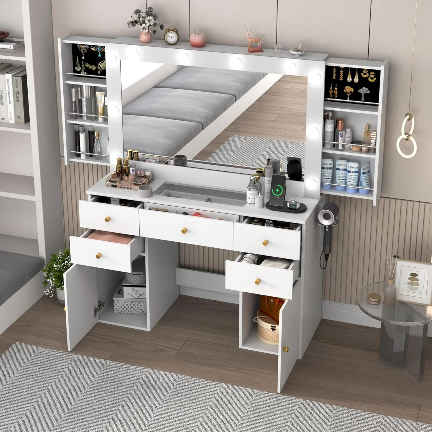 White Vanity Desk with Large Lighted Mirror & Power Outlet, Makeup Vanity Table with Glass Top & Drawers, Sliding Storage, 44.1